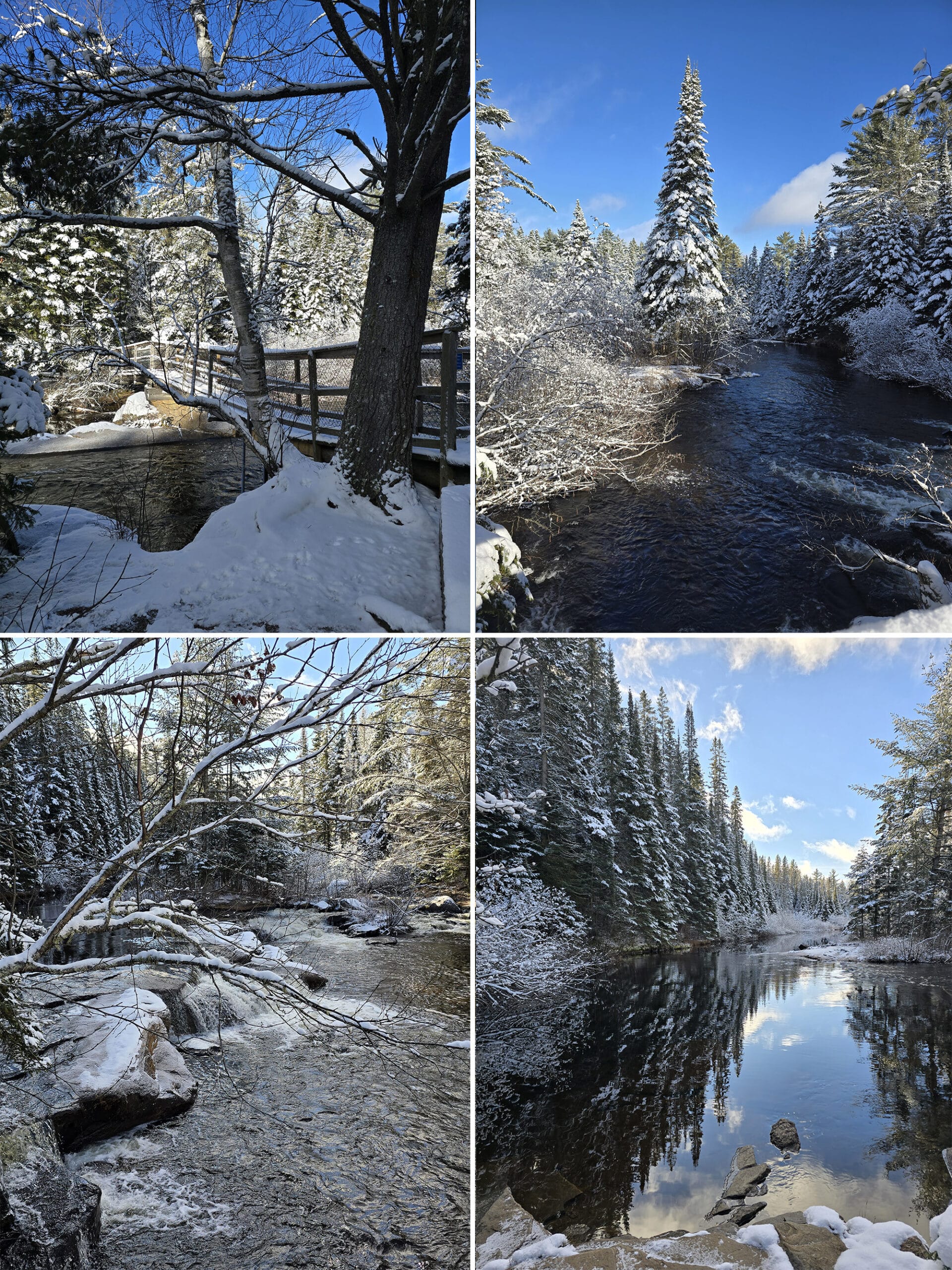 4 part image showing various views along a snow covered the Provoking Falls Trail at Algonquin Provincial Park, in winter.