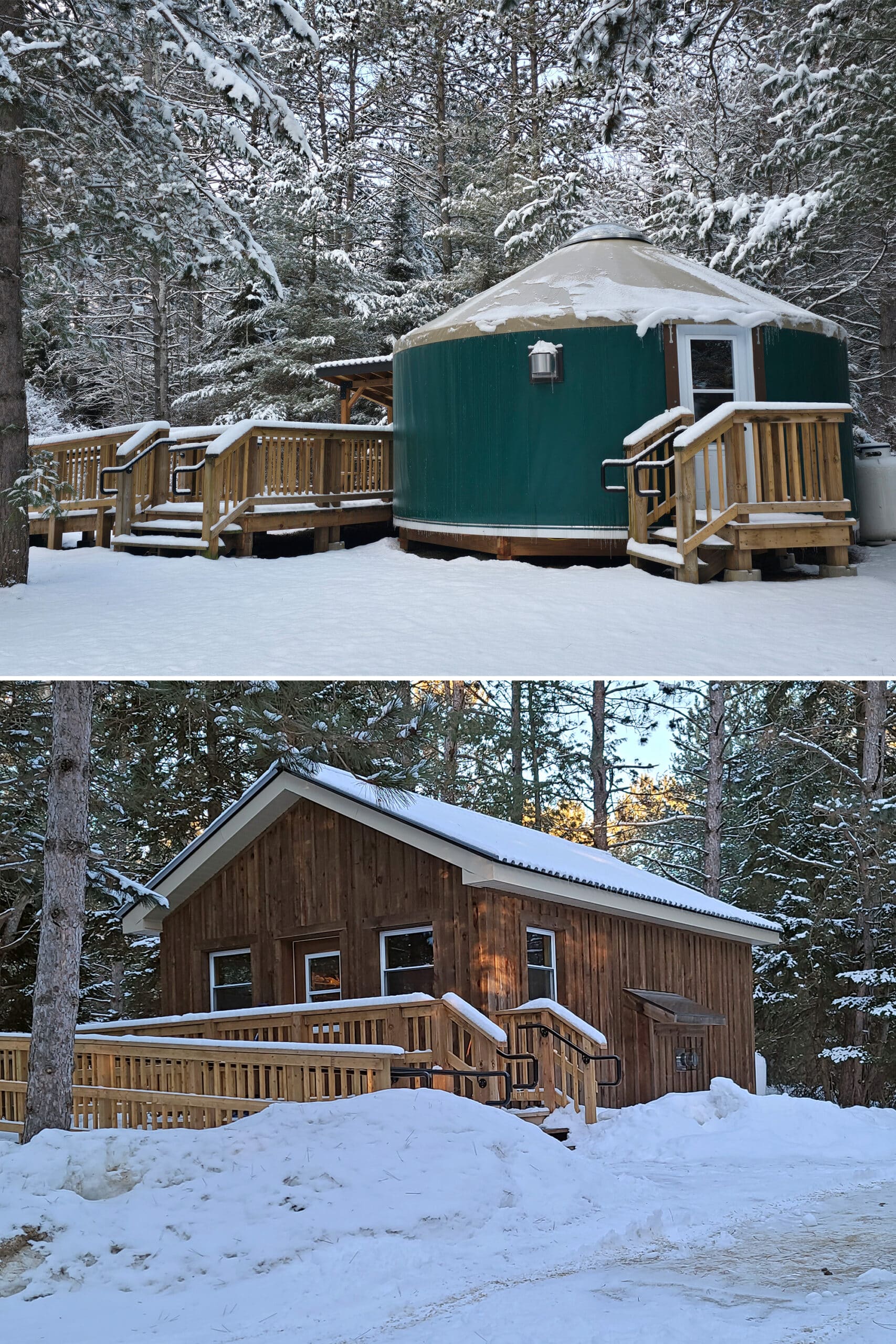 2 part image showing the roofed winter camping options at Algonquin - a Yurt and a wooden cabin.