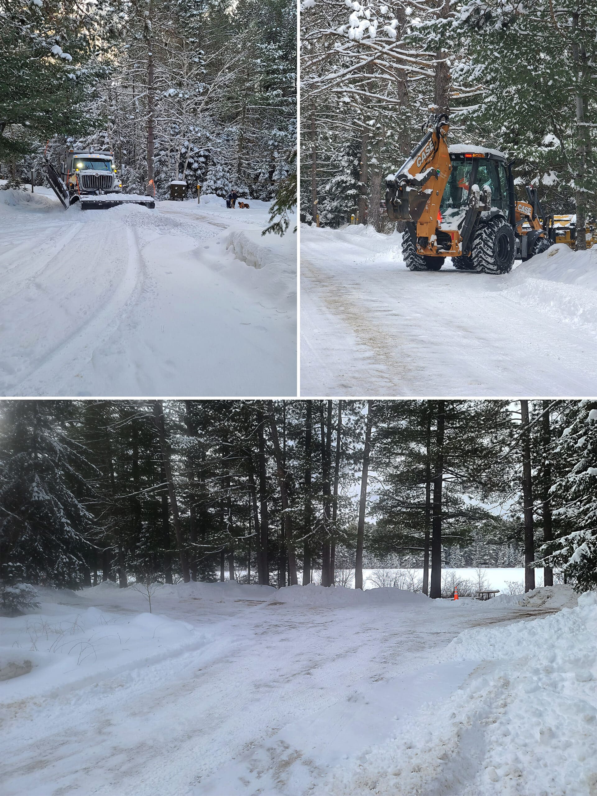 3 part image showing snow clearing being done at Algonquin Provincial Park Mew Lake Campground.