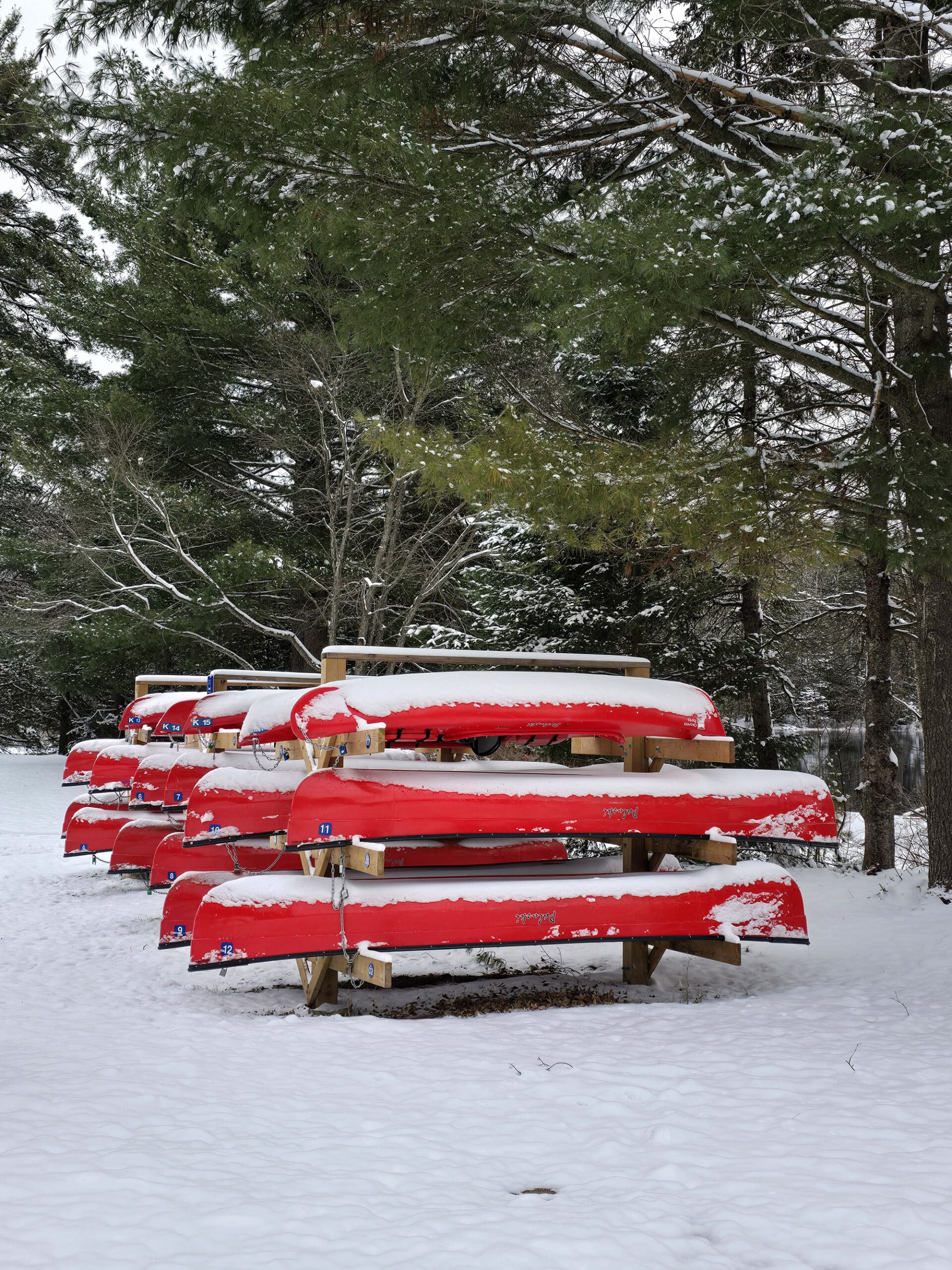 A rack of red canoes in the winter.