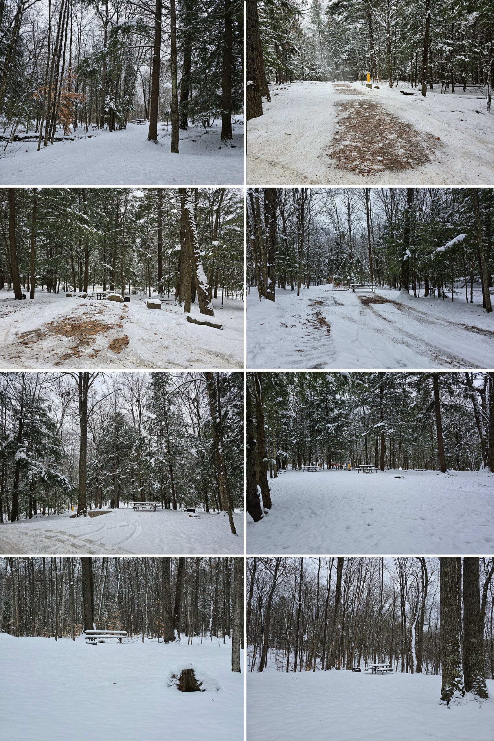 8 part image showing different winter camping sites at silent lake provincial park.