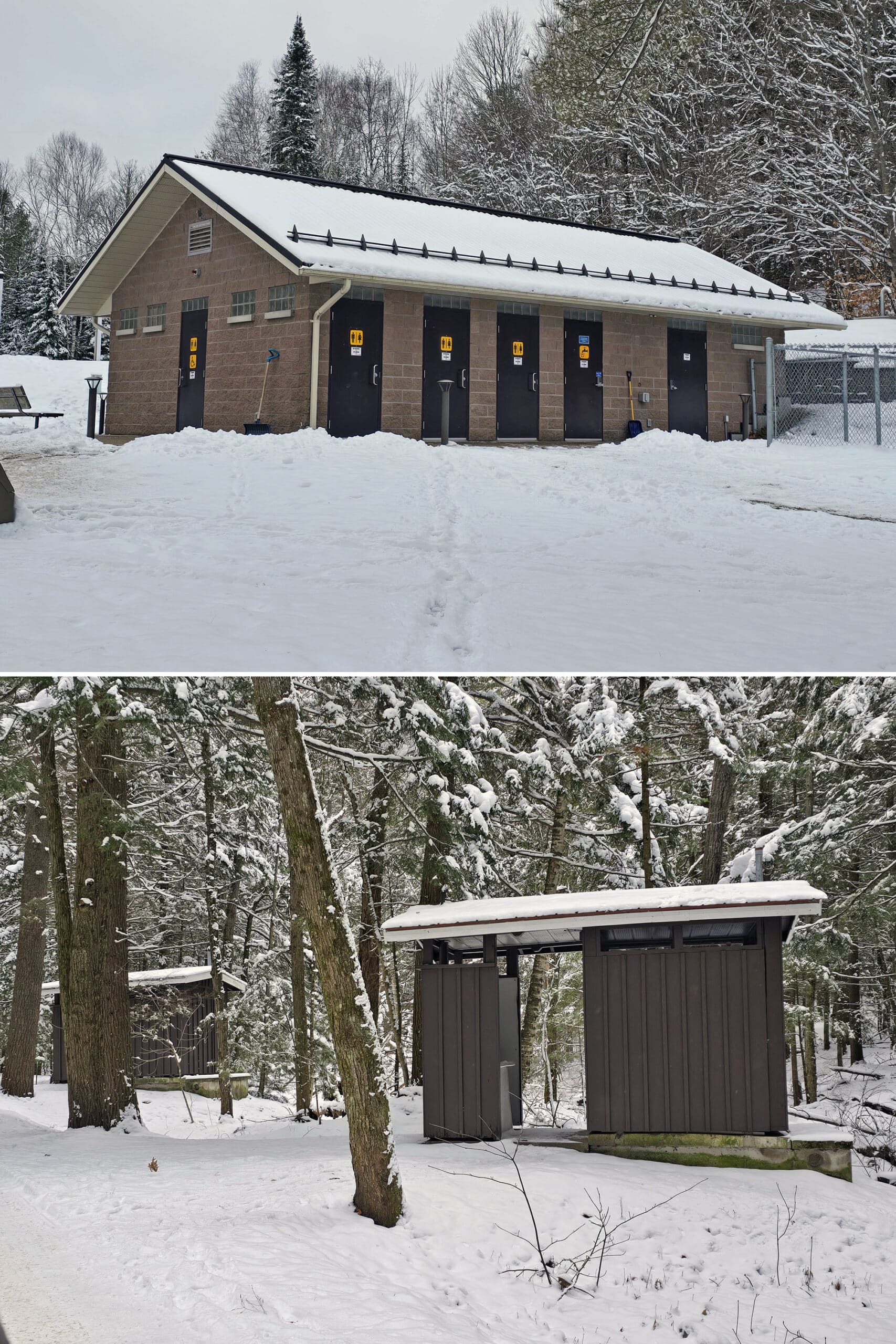 2 part image showing the day use comfort station and a set of vault toilets at silent lake provincial park in the winter.