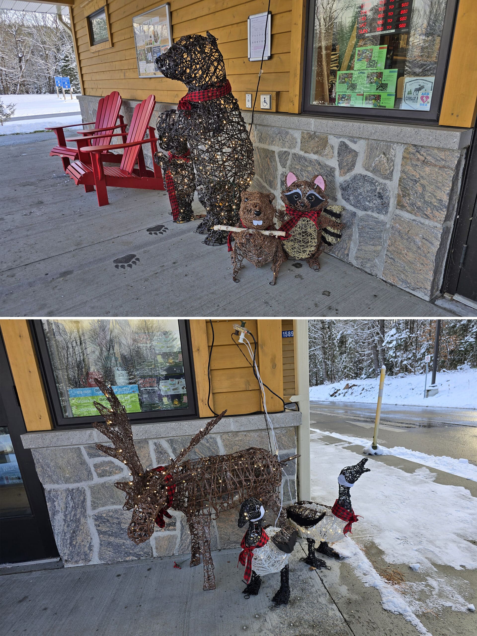 2 part image showing light up christmas decorations outside of the silent lake pp office.