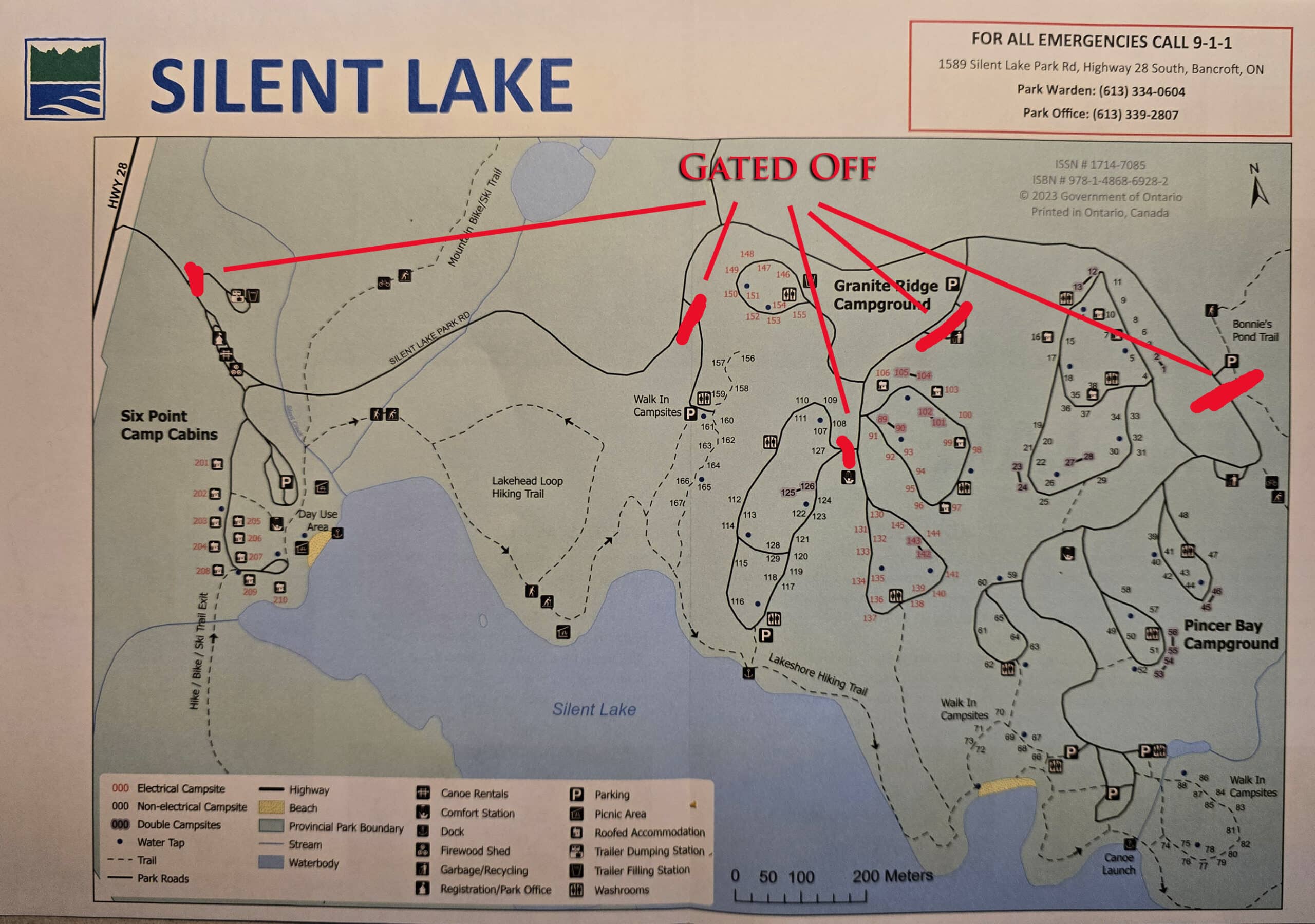 The silent lake provincial park map, with red marks indicating the areas that are gated off for the winter season.