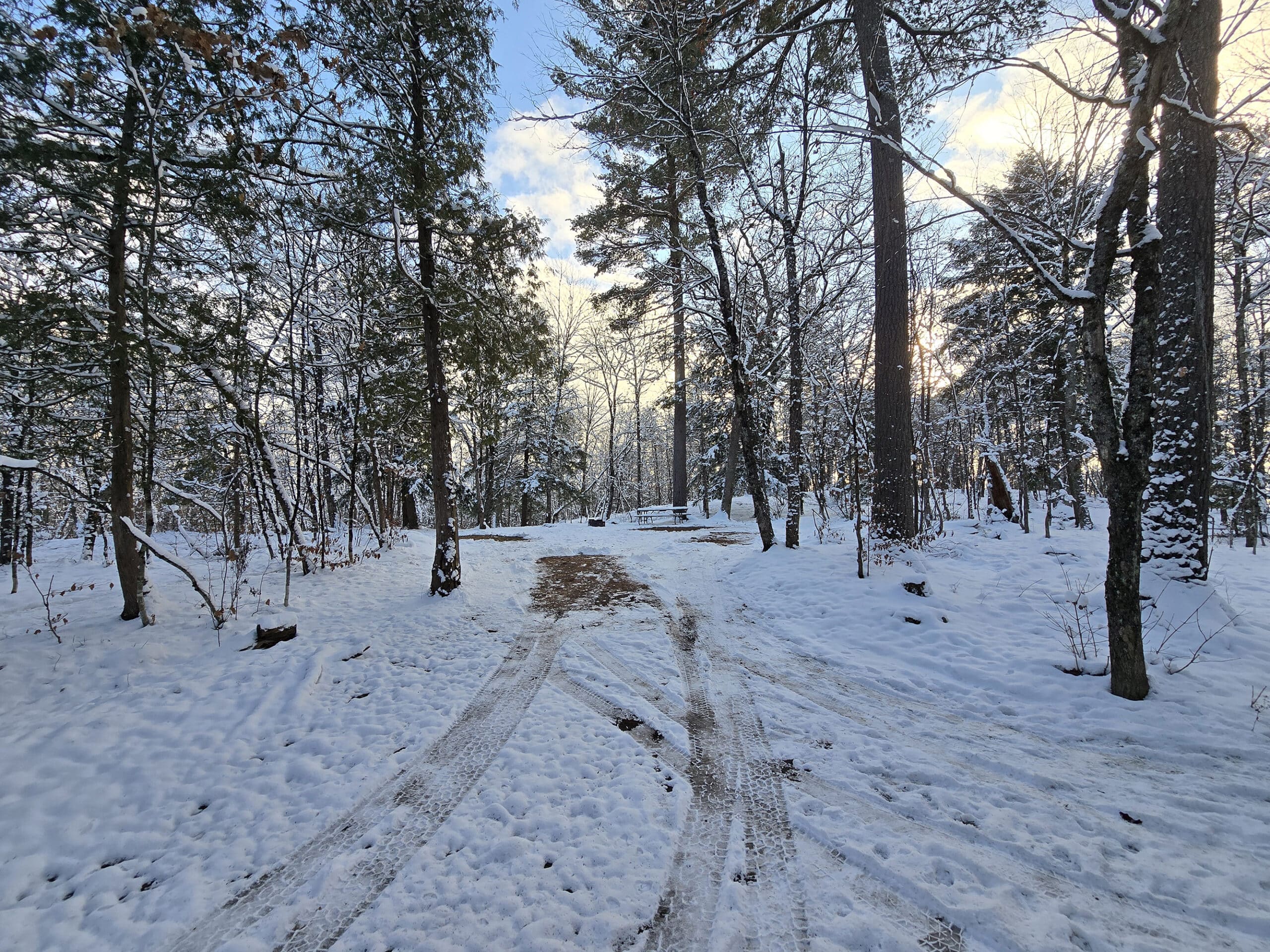 A partially snowed in winter campsite at silent lake provincial park.