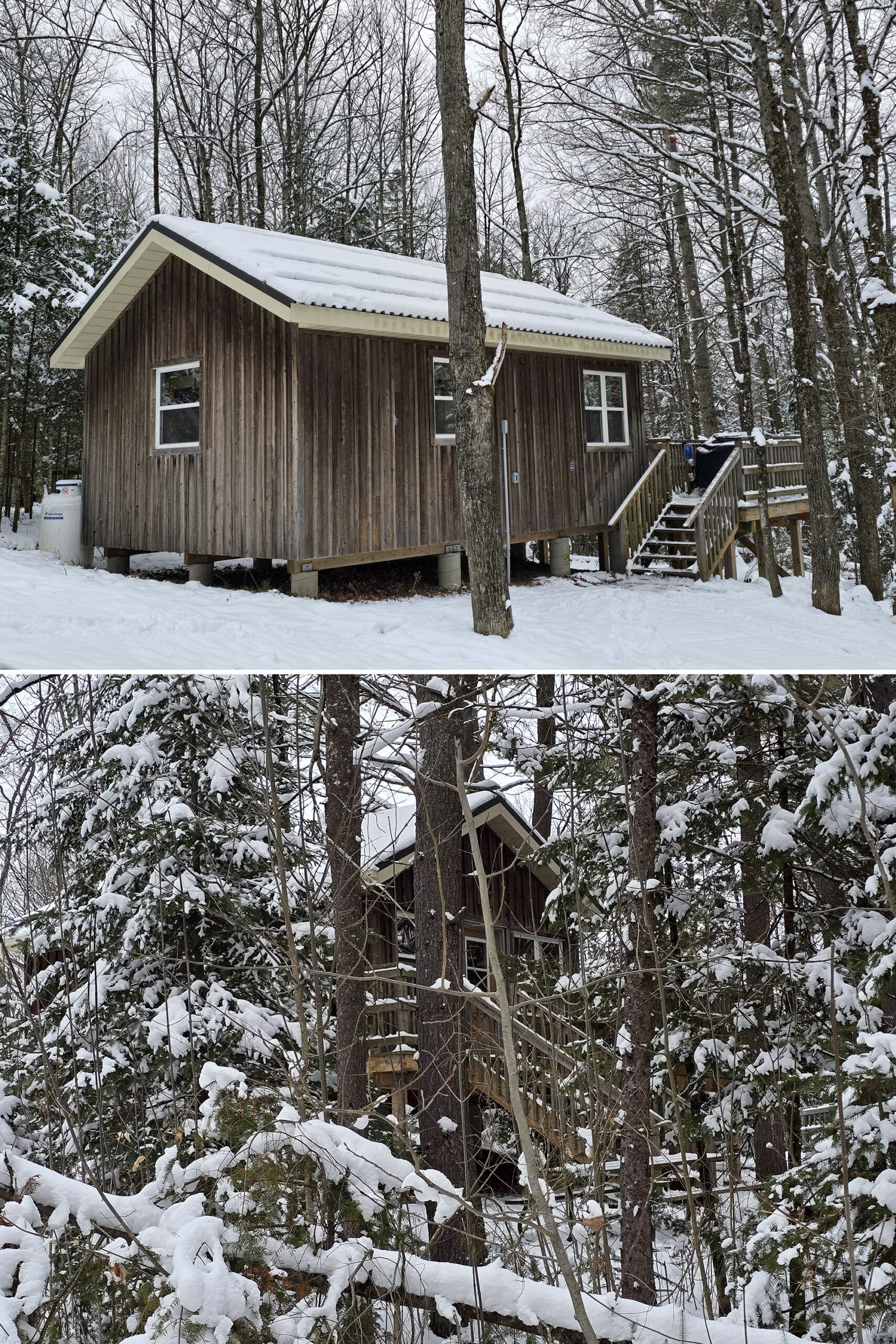 2 part image showing a snow covered cabins at silent lake provincial park.