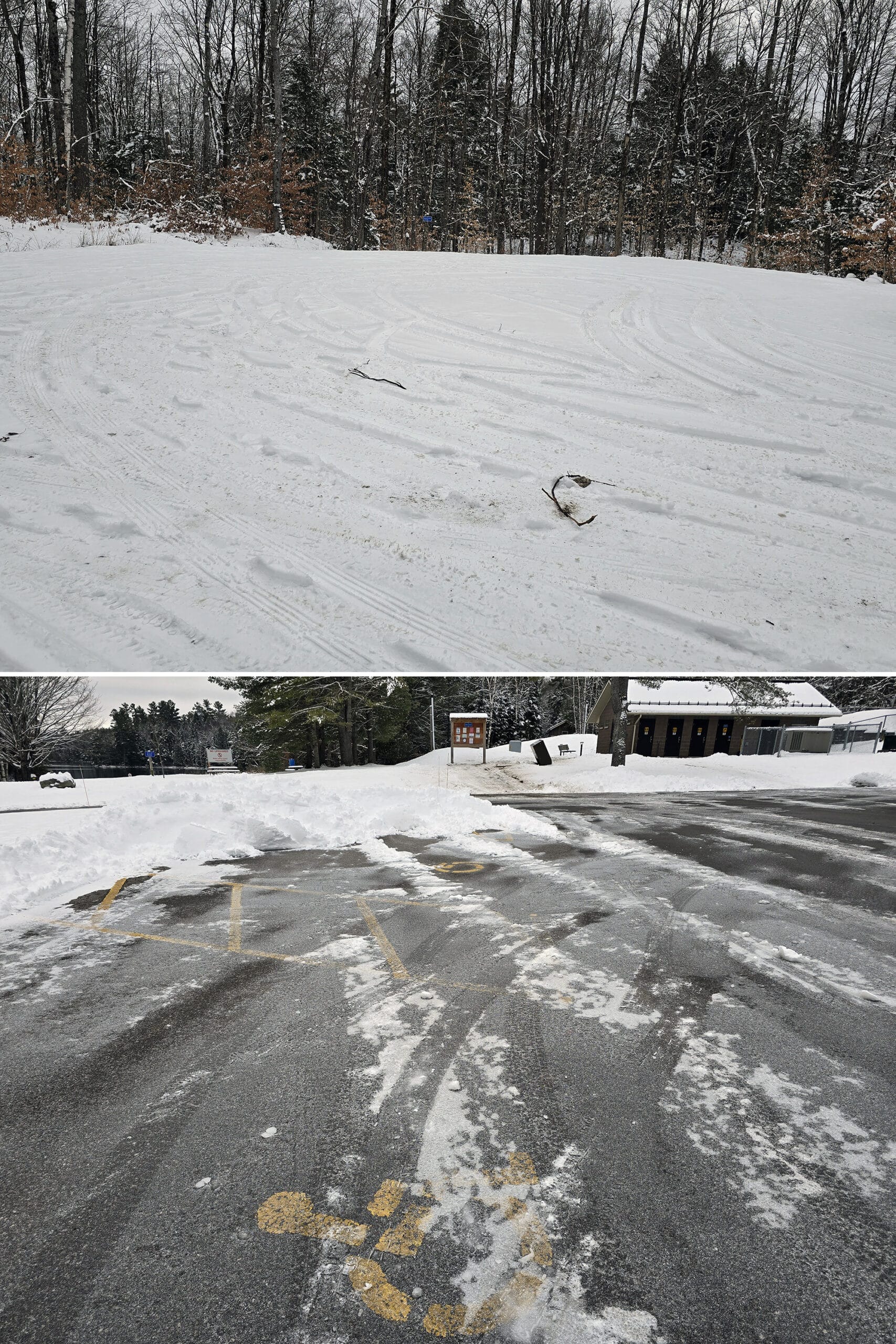 2 part image showing an unplowed parking lot and a section of ice covered disabled parking.