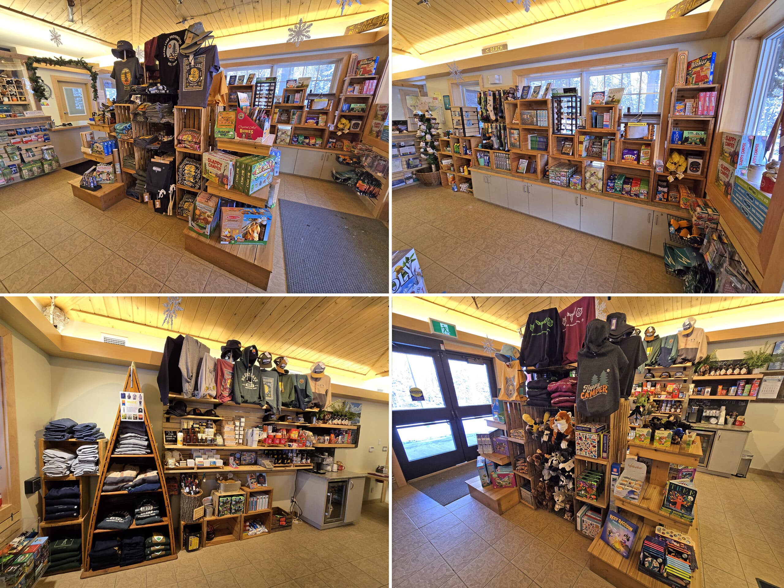 4 part image showing the inside of the silent lake provincial park store.