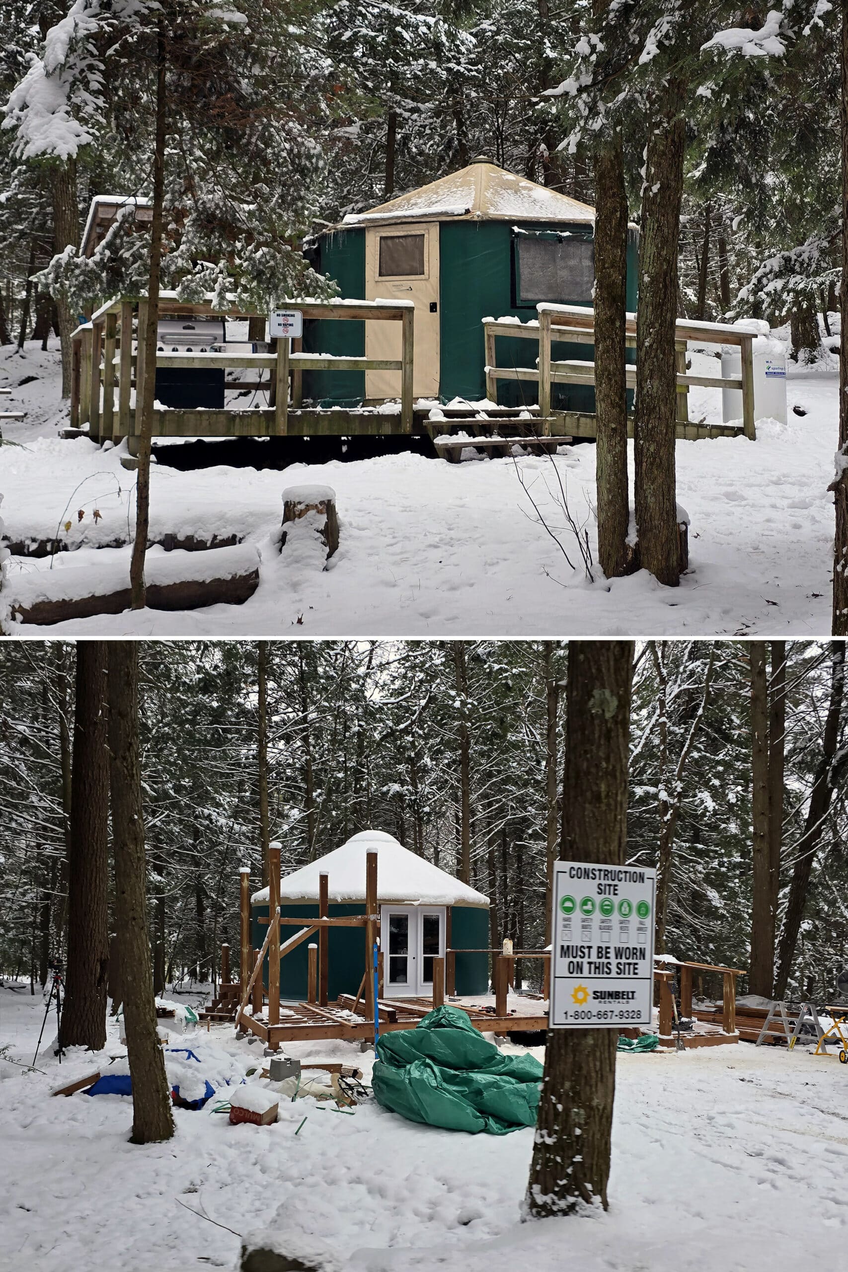 2 part image showing an old yurt in poor condition, and another being constructed.