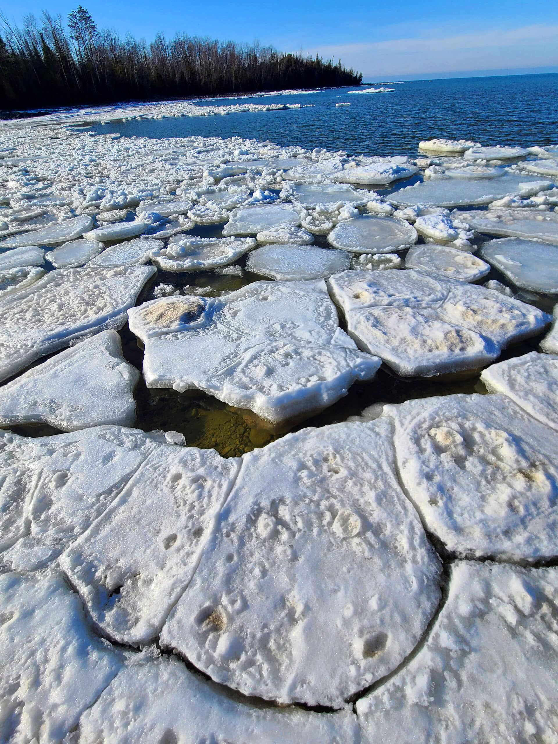 Broken up snow and ice pans floating on Lake Huron.