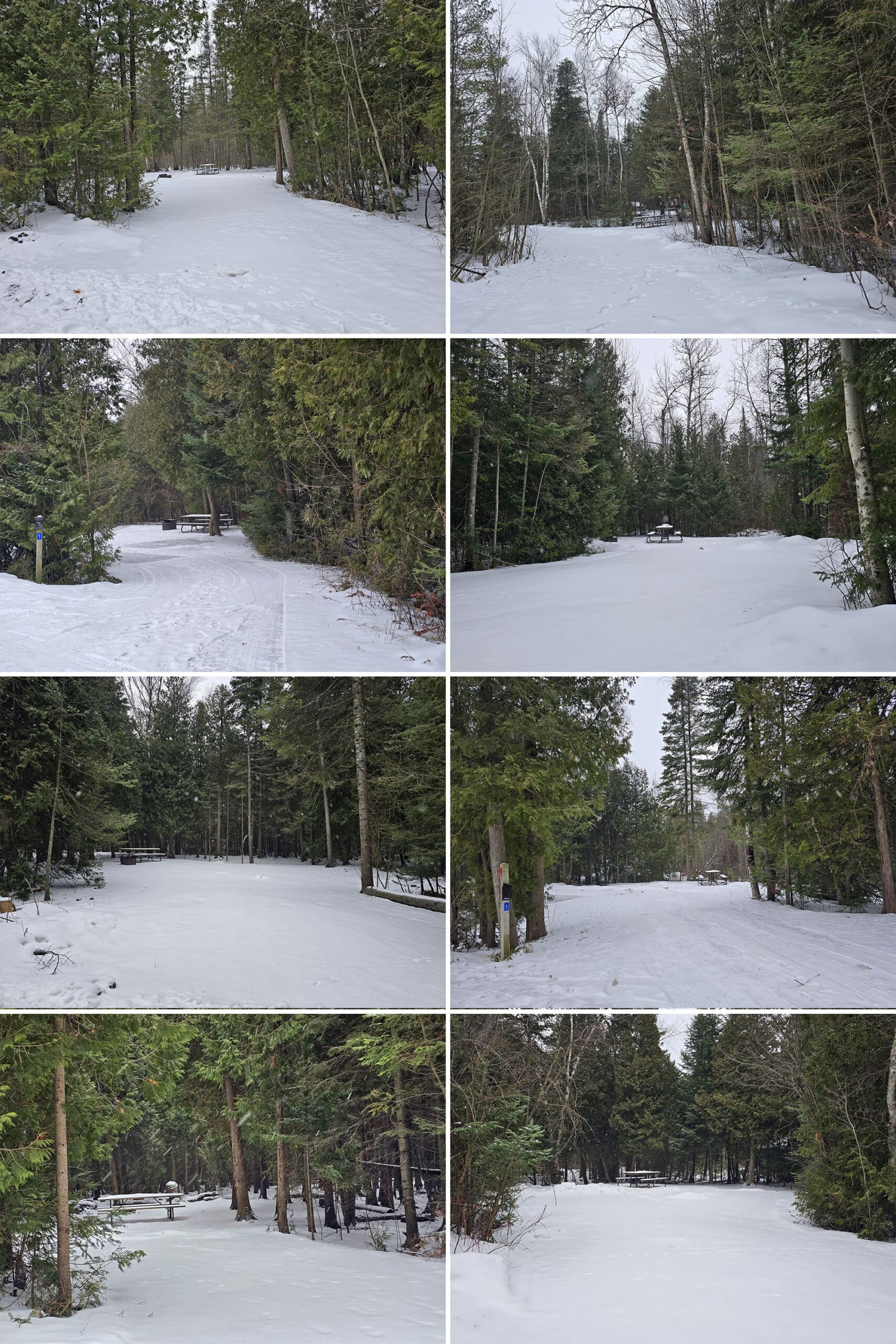 8 part image showing different winter campsites at macgregor point provincial park.