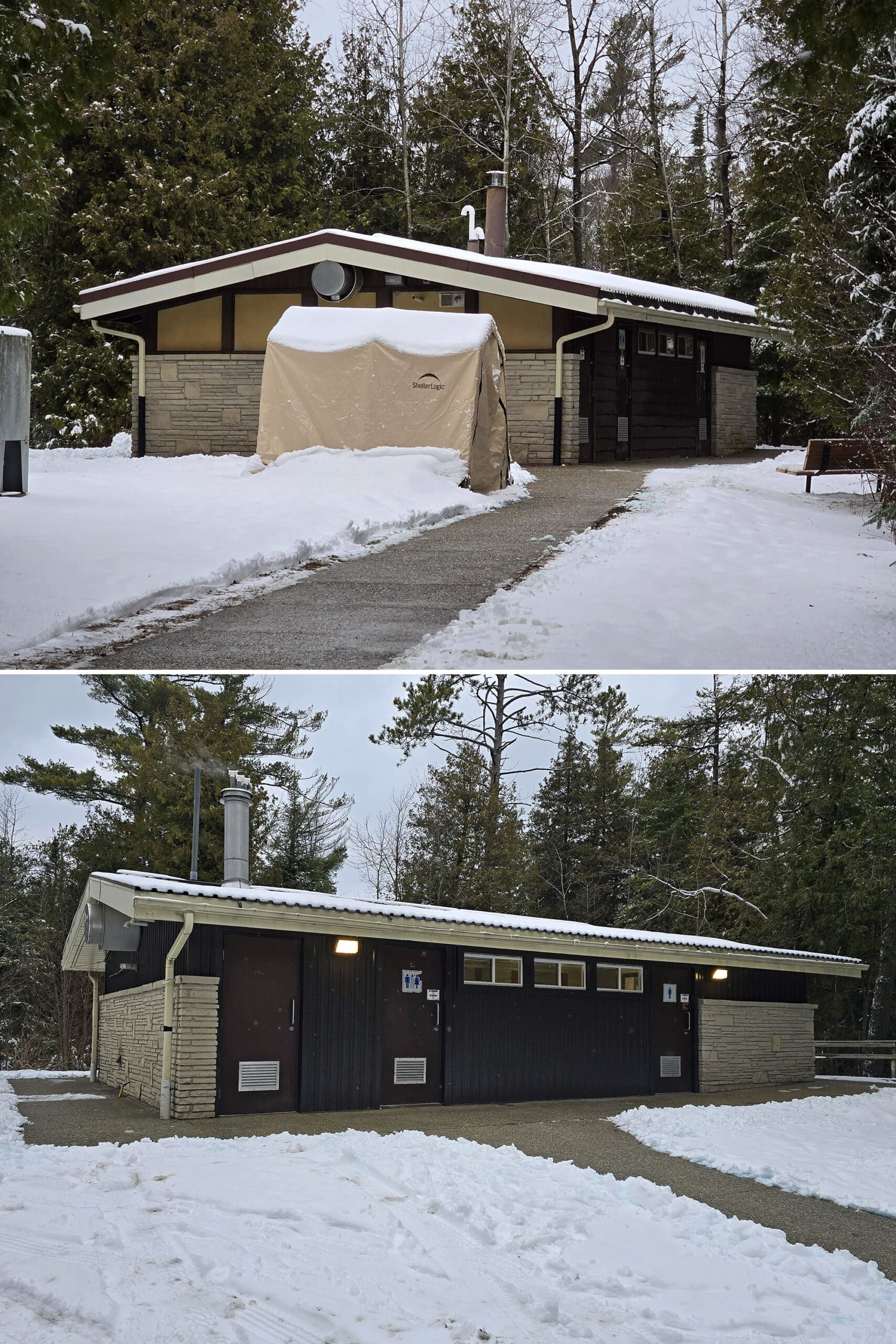 2 part image showing the two comfort stations at MacGregor Point Provincial Park.