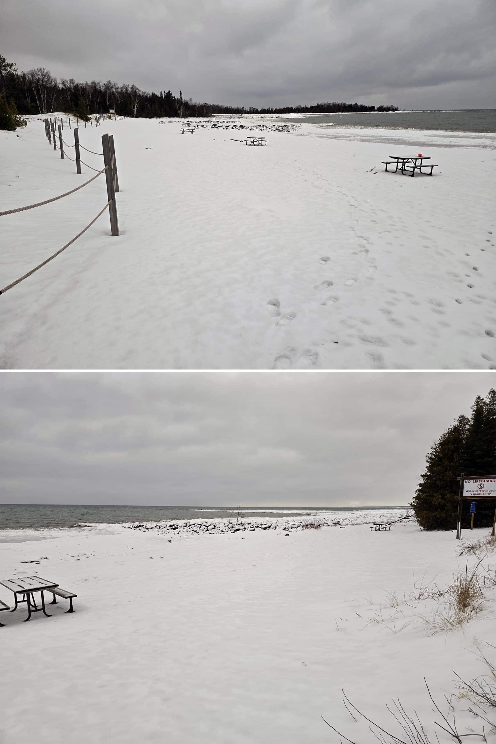 2 part image showing a snow covered beach on lake huron.