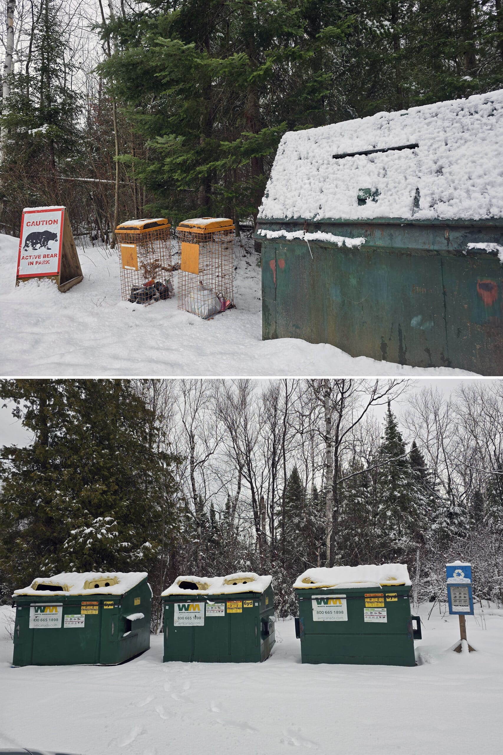 2 part image showing large garbage and recycling dumpsters.