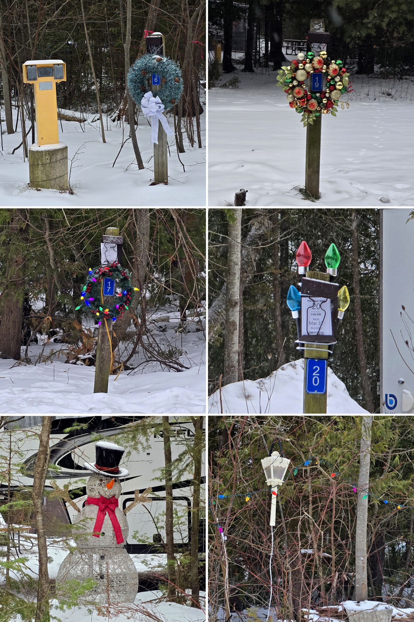 6 part image showing various campsite christmas decorations.