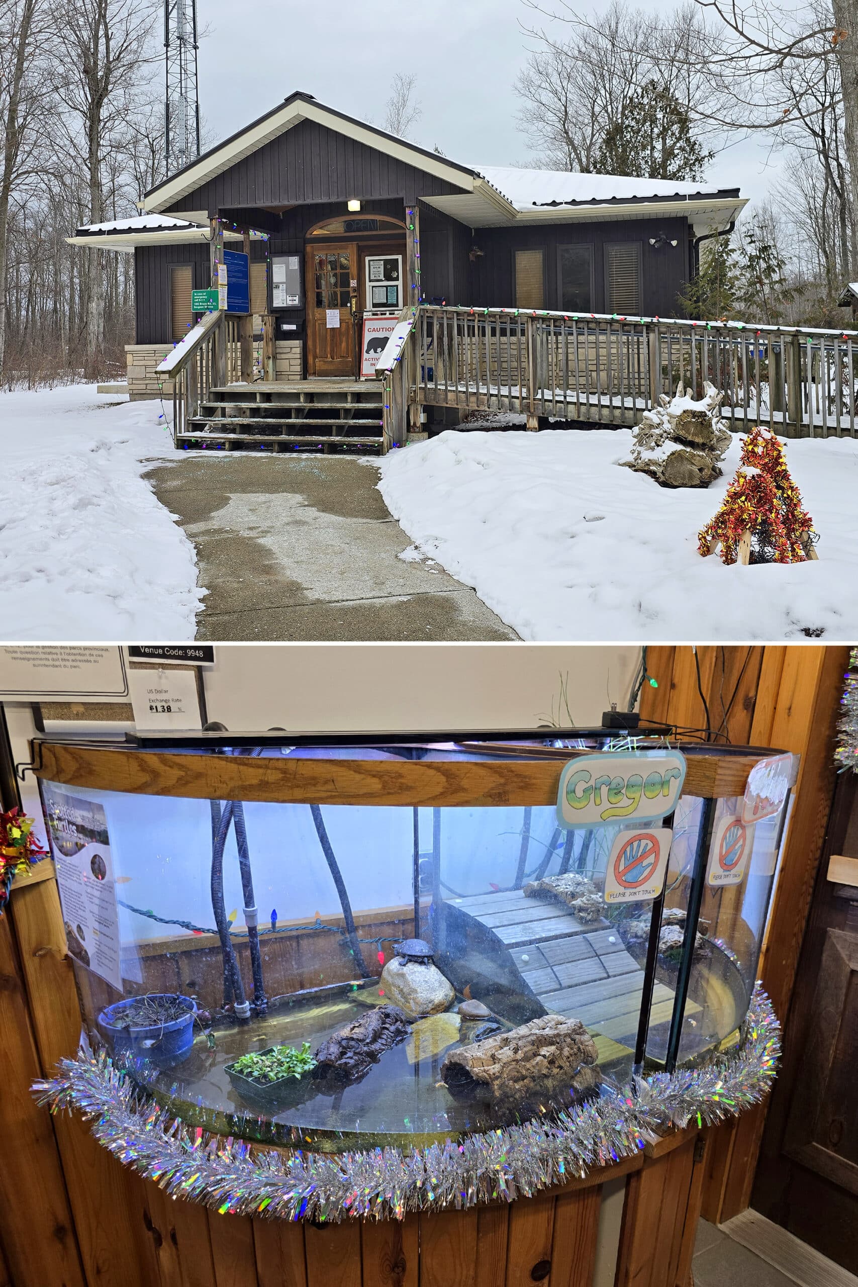 2 part image showing the inside and outside of the MacGregor Point Provincial Park Office