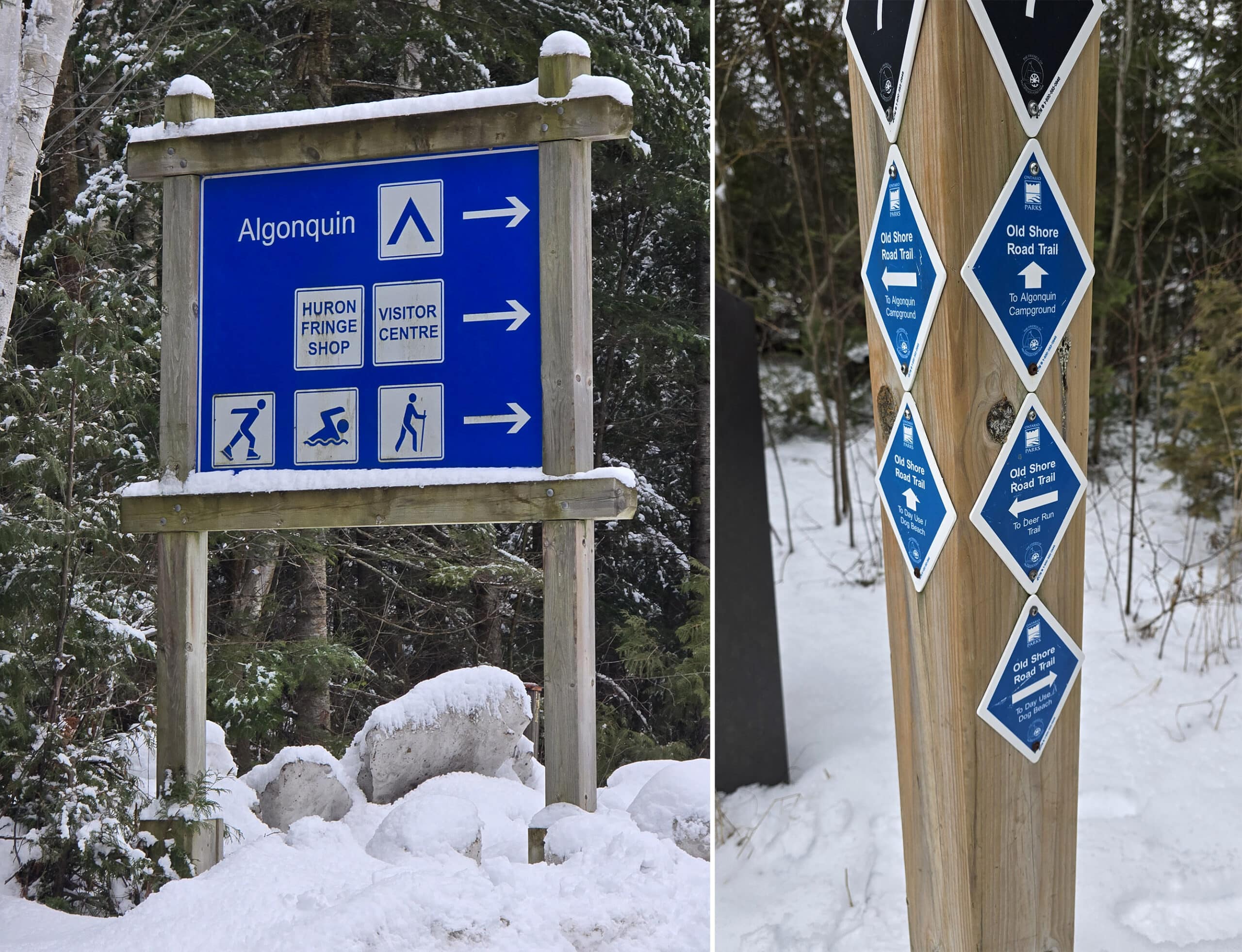 2 part image showing campground and trail signs.