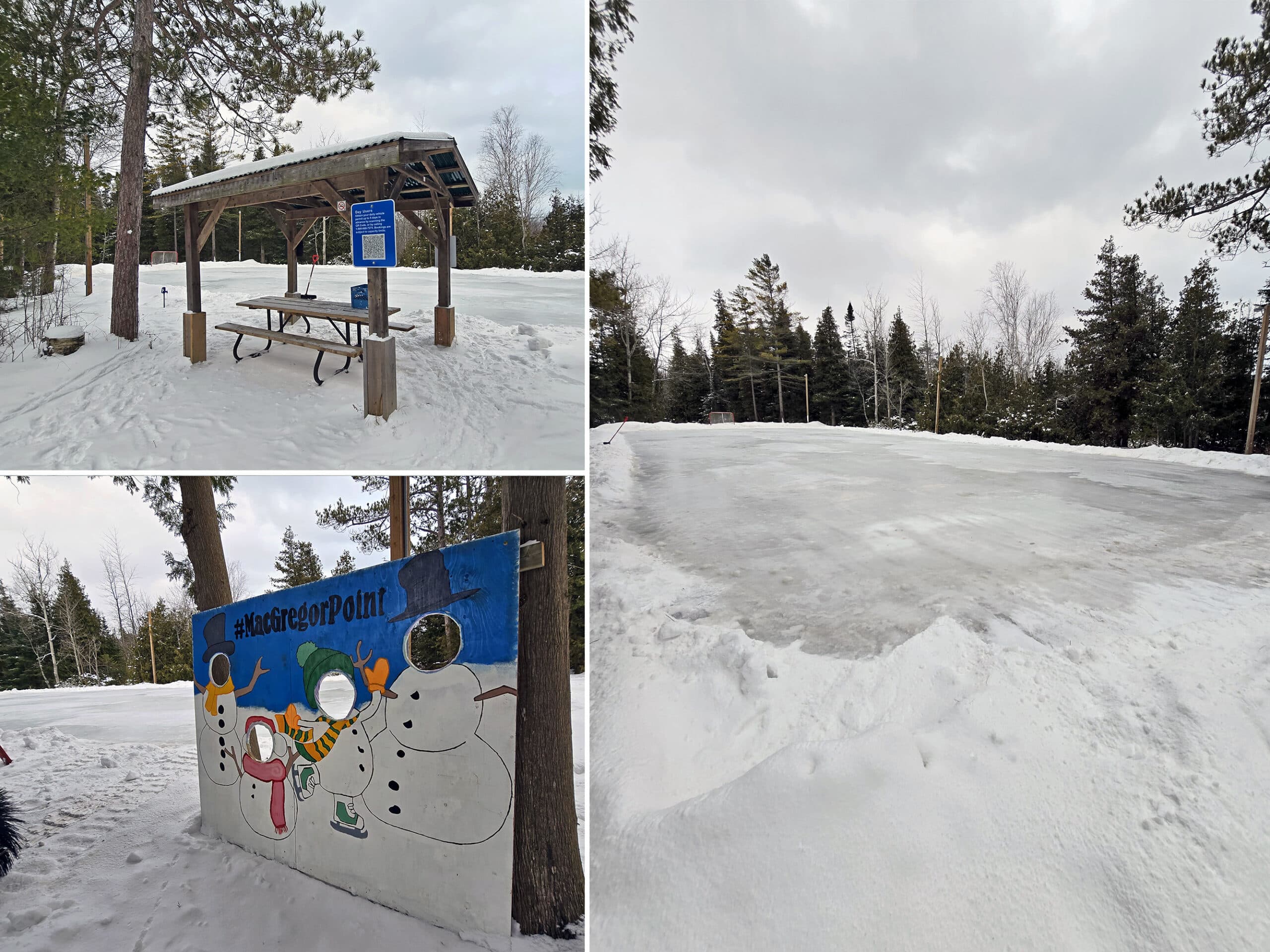 3 part image showing various views of the MacGregor Point Provincial park skating rink and surrounding area.