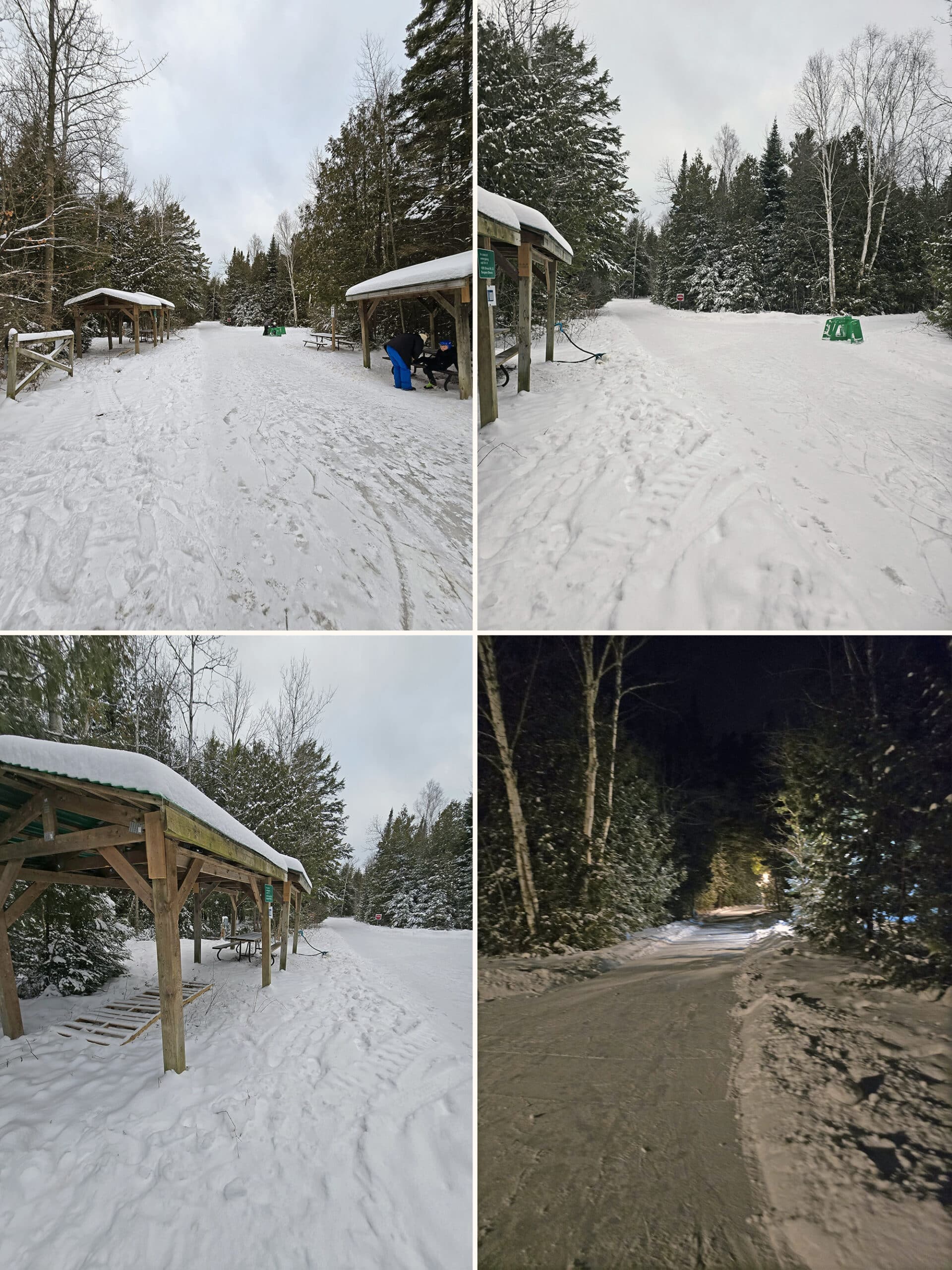 4 part image showing the macgregor point provincial park skating trail in the daytime and at night.