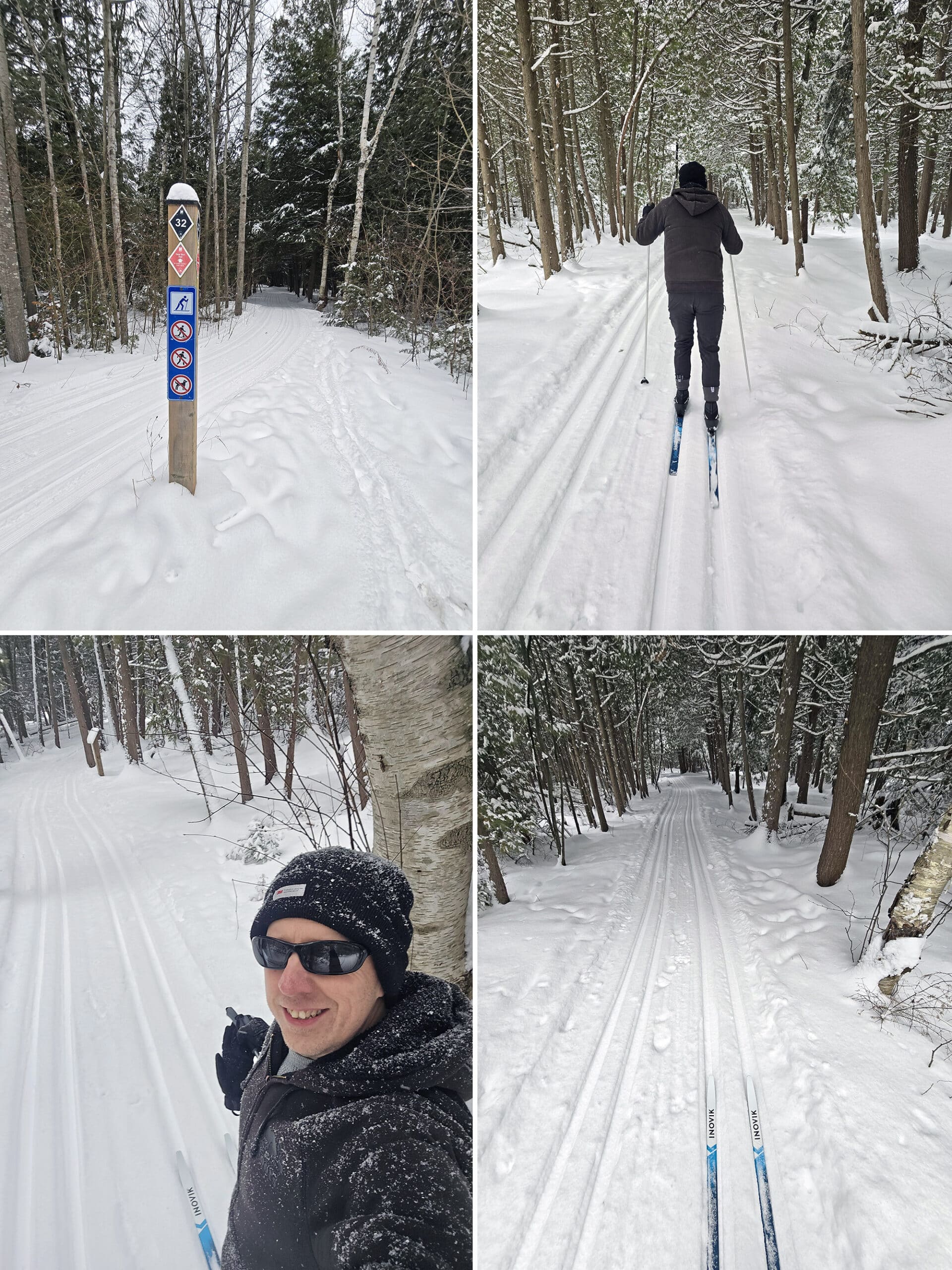 4 part image showing various views of a middle aged white man cross country skiing on trails through the woods.