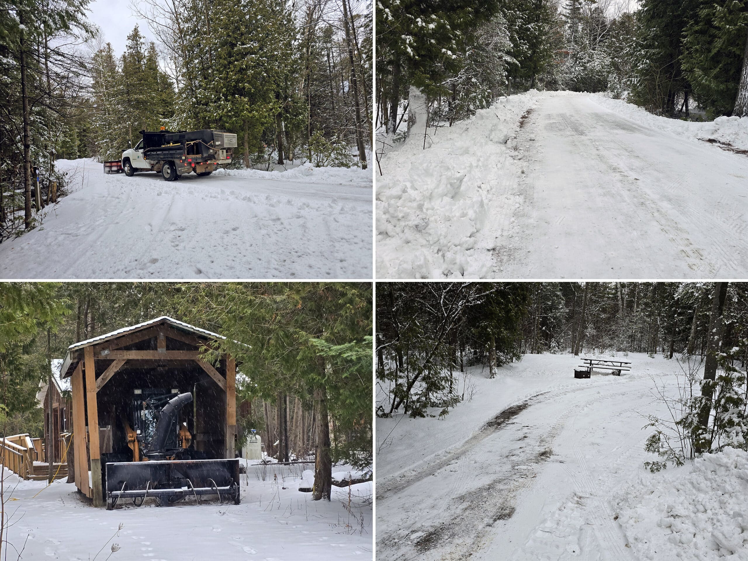 4 part image showing some of the snow clearing equipment and plowed roads..