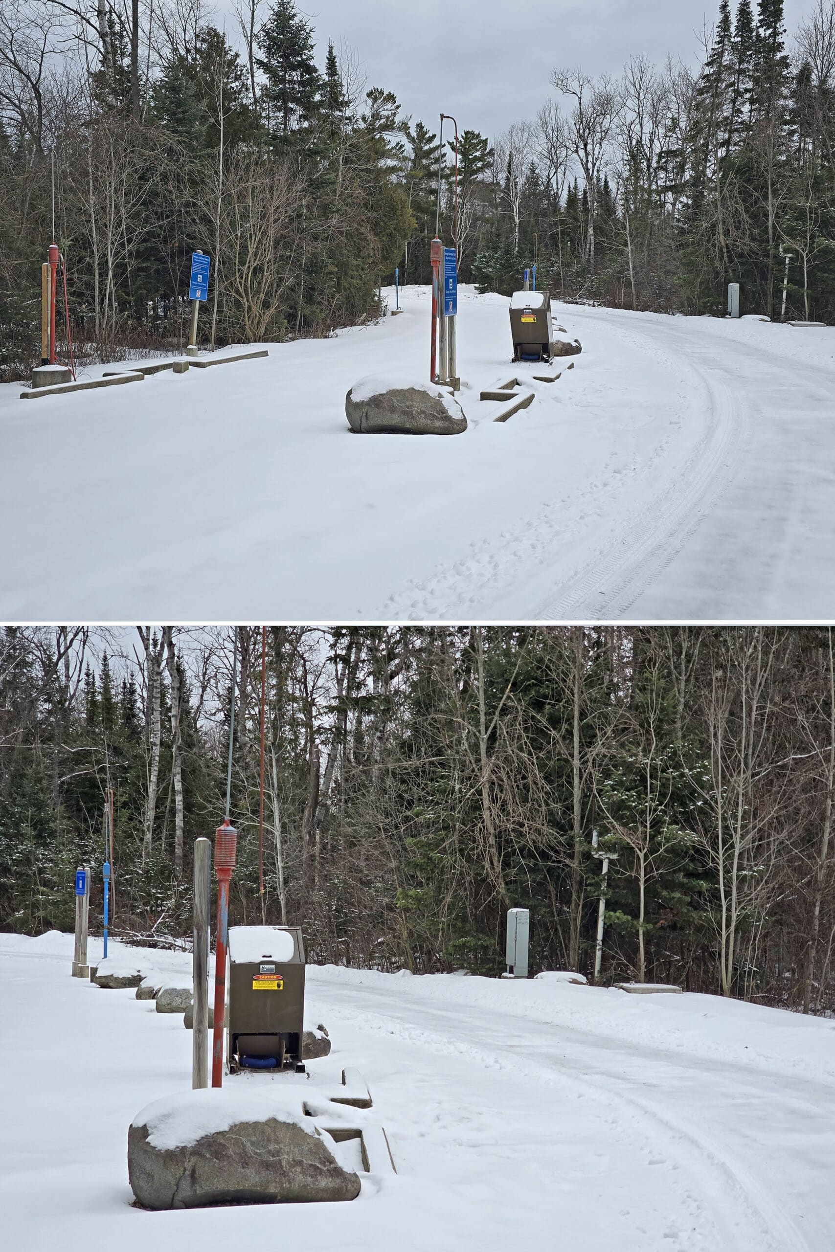 2 part image showing macgregor point provincial park’s trailer sanitation station in winter.