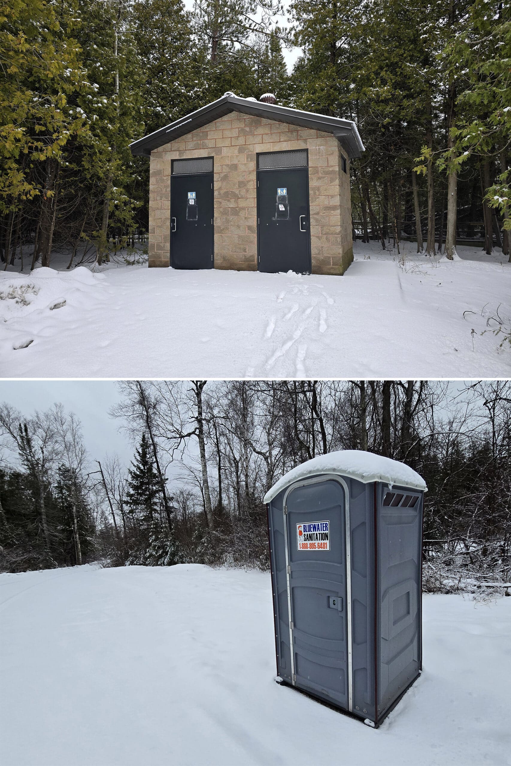 2 part image showing a vault toilet and a porta potty.