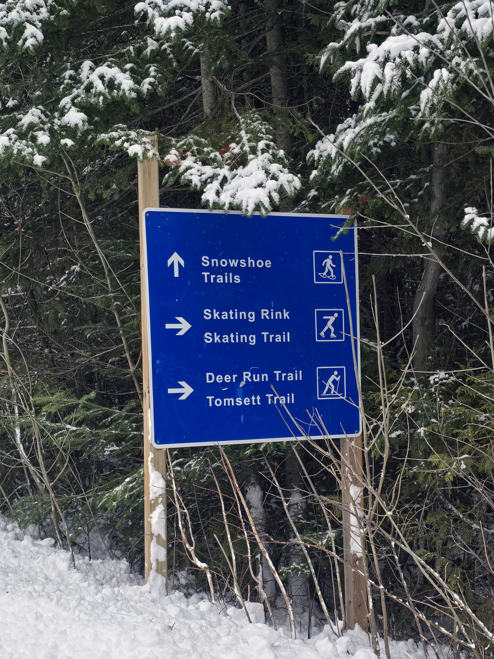 A blue campground road sign showing where the winter attractions are.