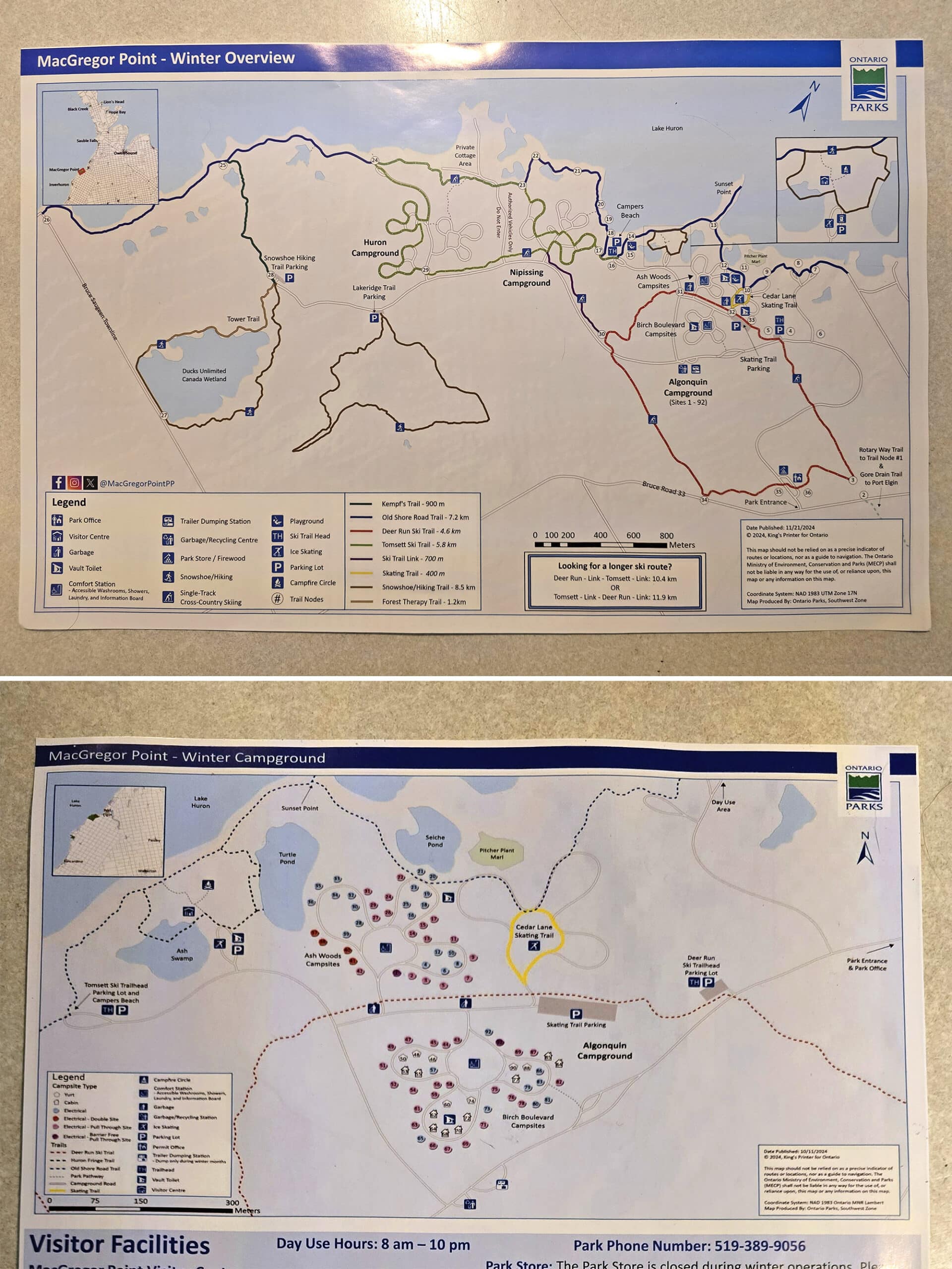 2 part image showing front and back views of the MacGregor Point Provincial Park winter map.