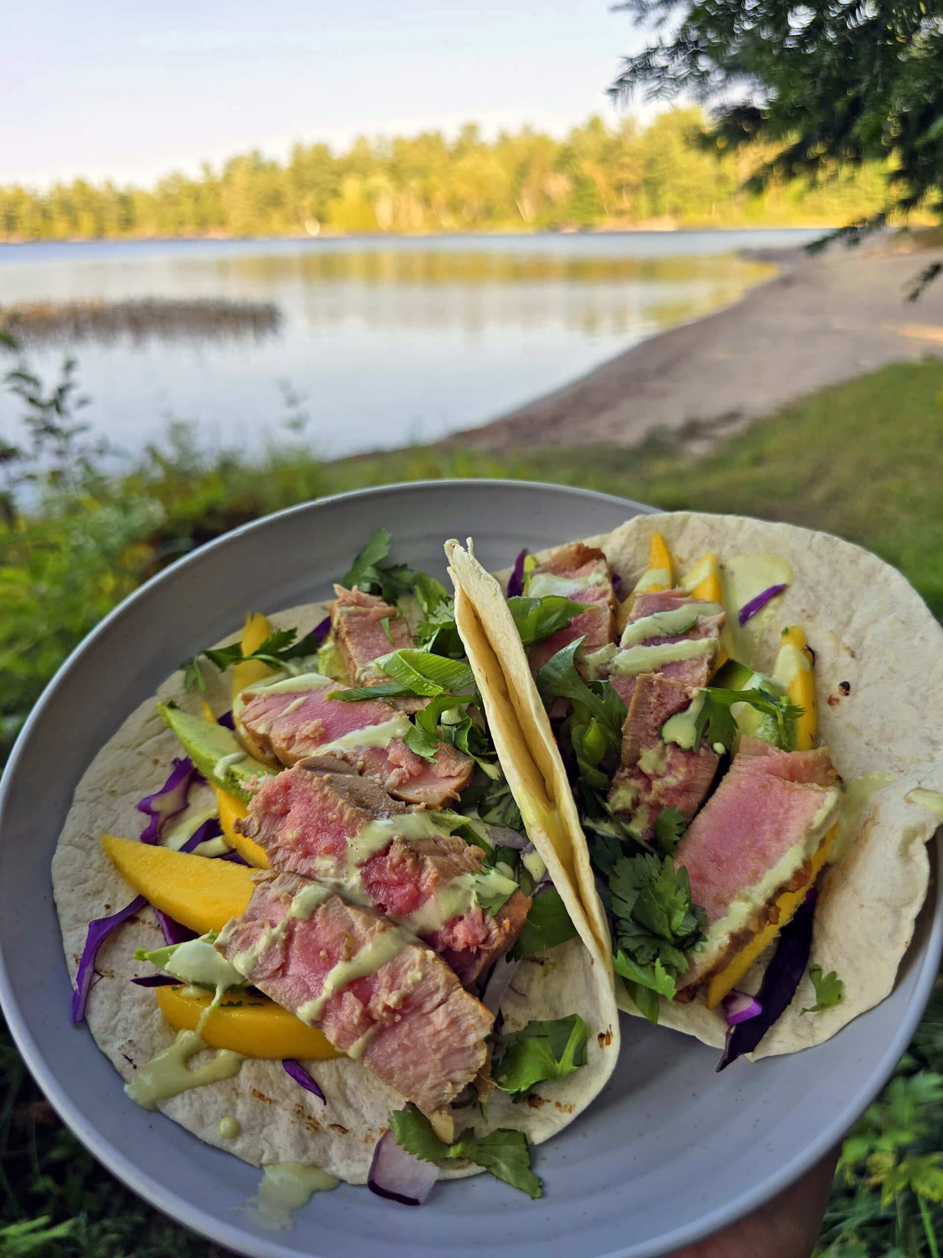 2 tacos with grilled tuna, mango slices, avocado, red cabbage, cilantro, and wasabi mayo on a plate.