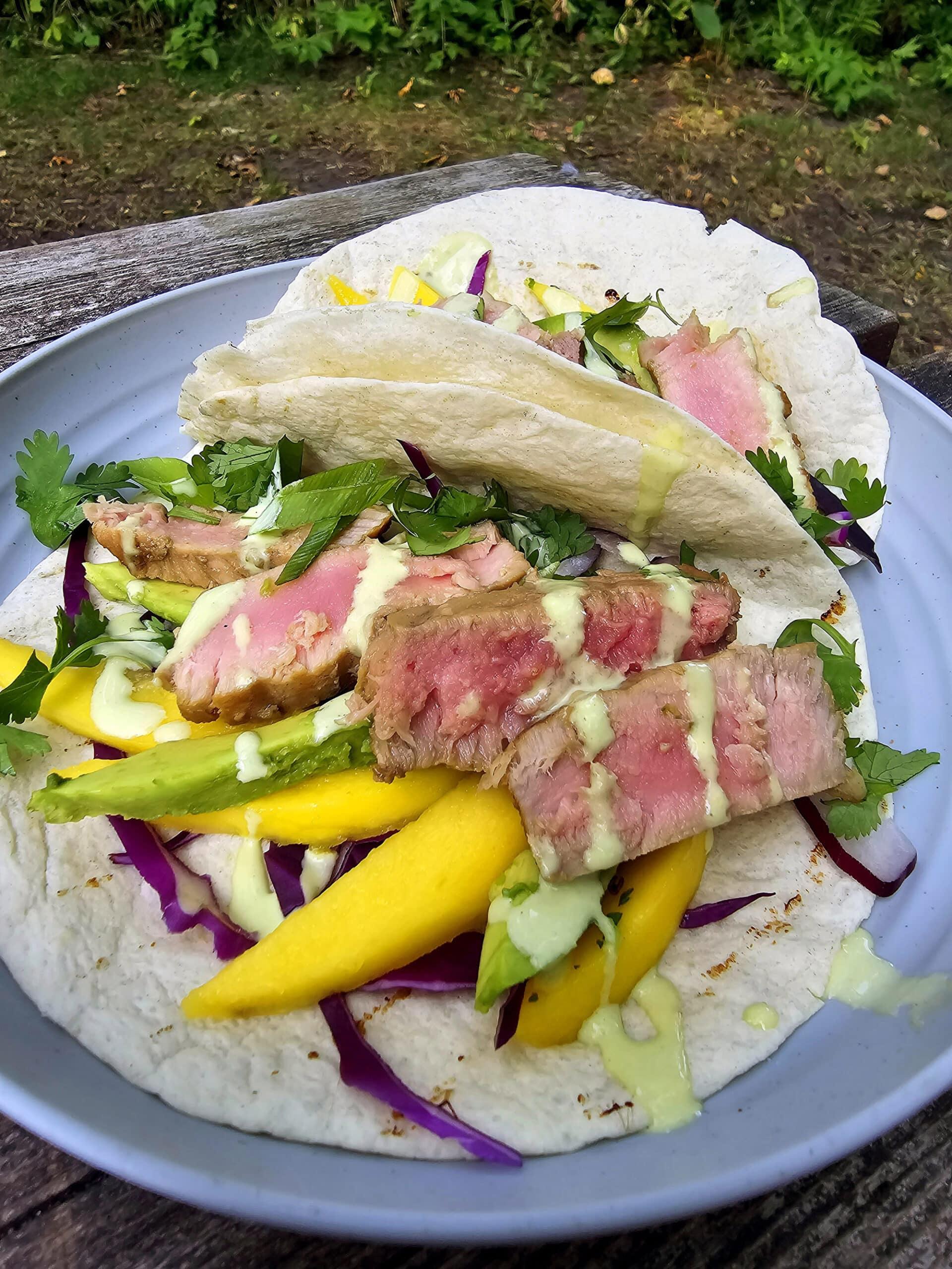 2 campfire grilled tuna tacos with mango slices, avocado, red cabbage, cilantro, and wasabi mayo on a plate.