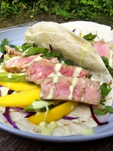 2 campfire grilled tuna tacos with mango slices, avocado, red cabbage, cilantro, and wasabi mayo on a plate.