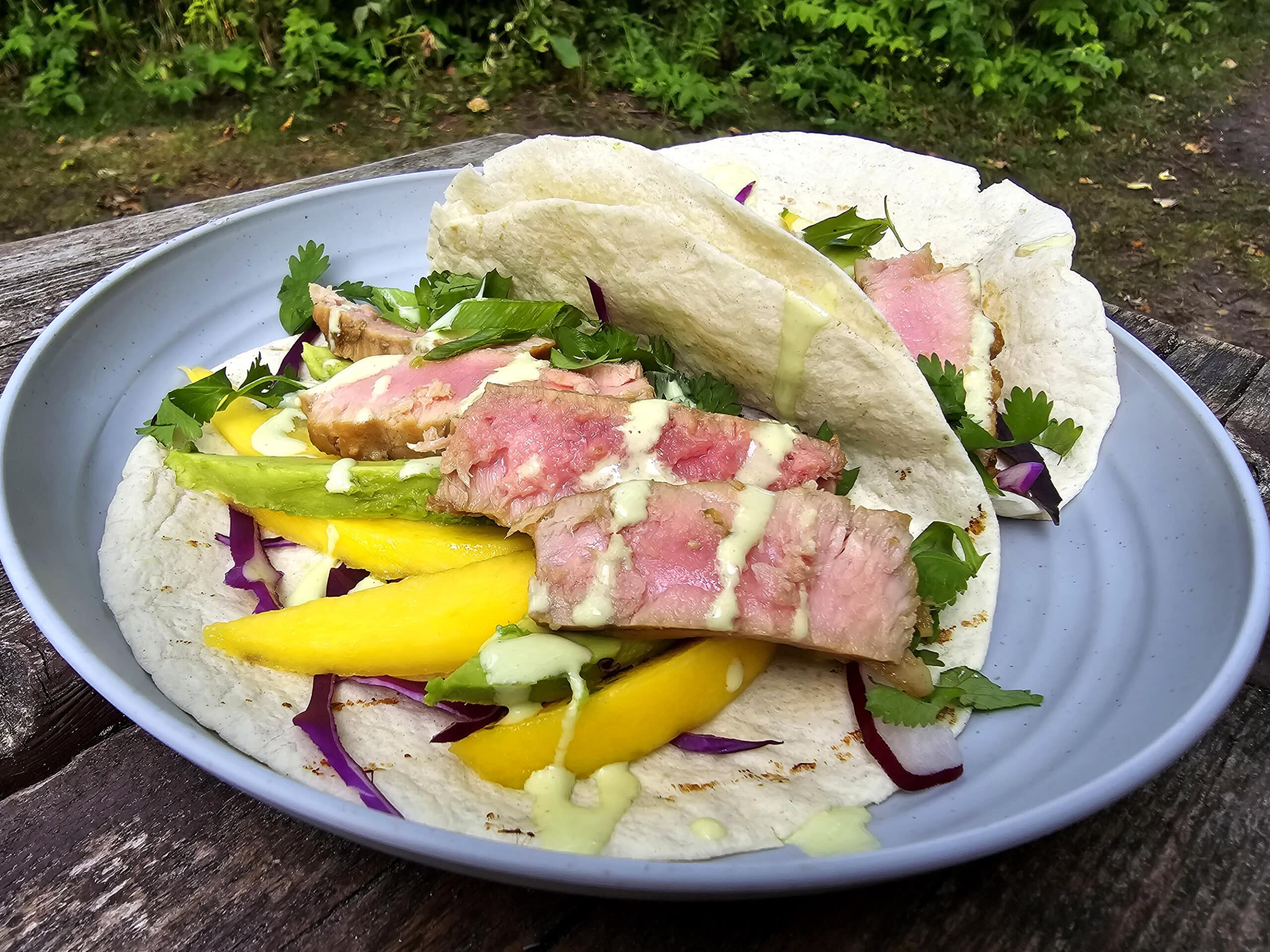 2 campfire grilled tuna tacos with mango slices, avocado, red cabbage, cilantro, and wasabi mayo on a plate.