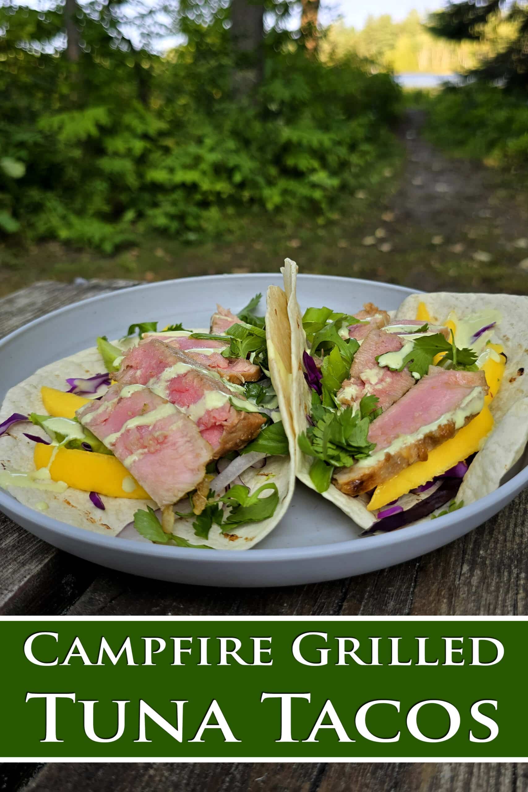 2 tacos with grilled tuna, mango slices, avocado, red cabbage, cilantro, and wasabi mayo on a plate. Overlaid text says campfire grilled tuna tacos.