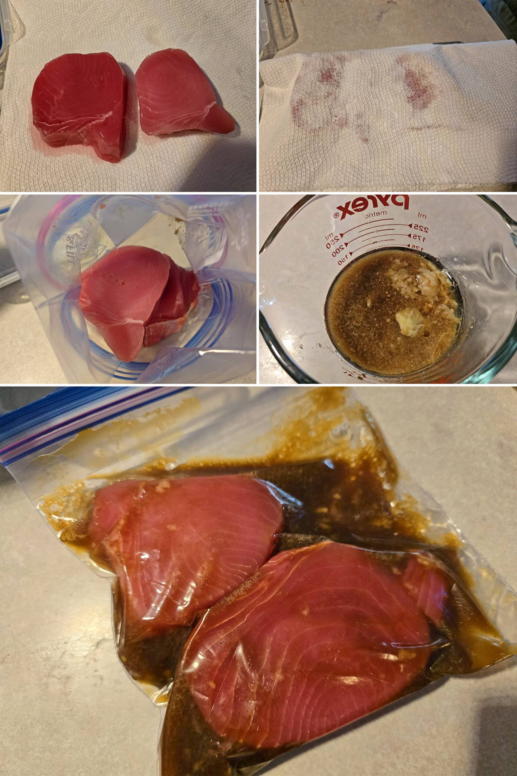 5 part image showing the tuna marinade being whisked together, and 2 tuna steaks marinating in a baggie.