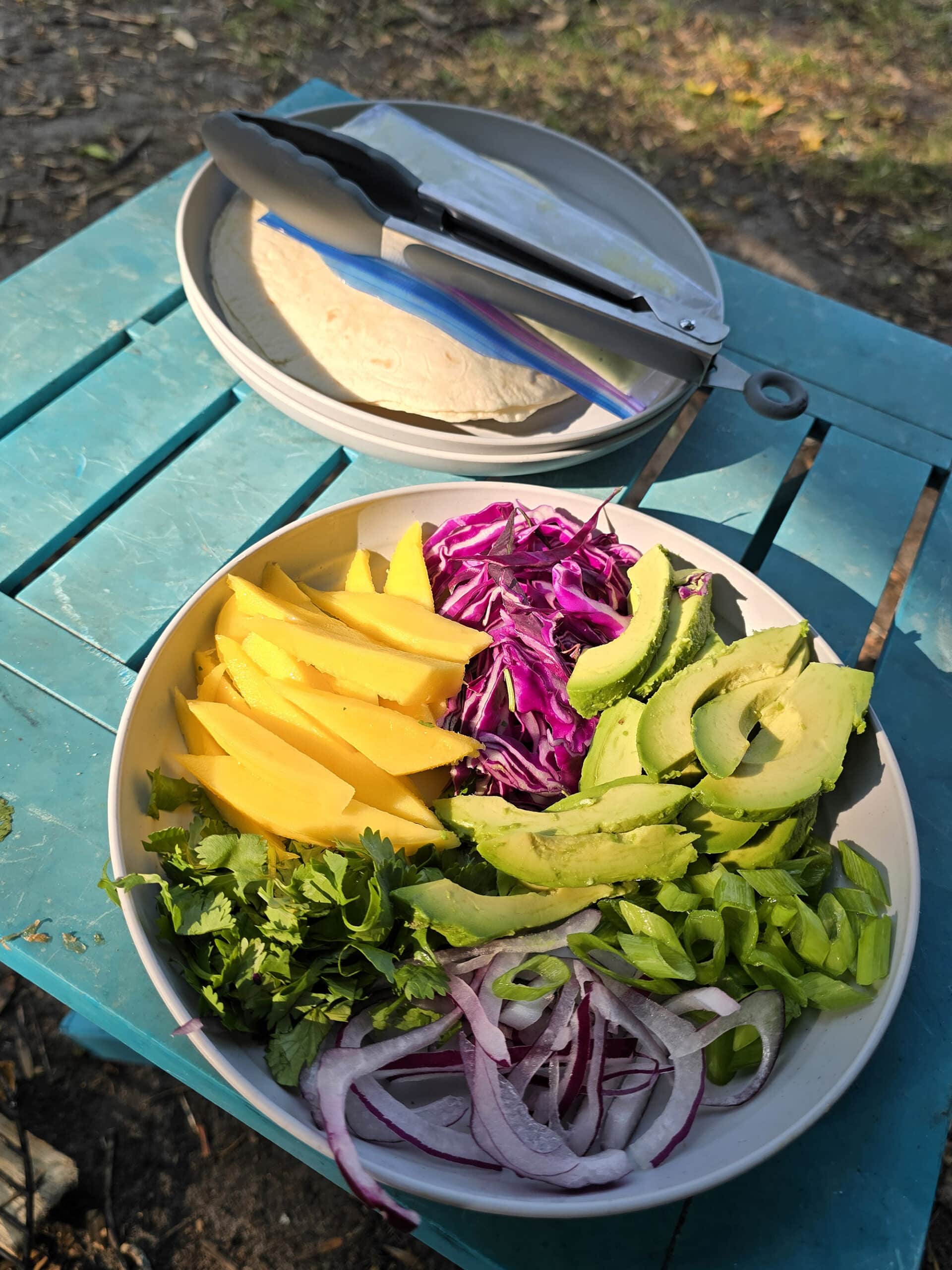 A plate with flour tortillas and another plate with mango, avocado, red cabbage, cilantro, red onions, green onions, and jalapeno slices on a picnic table.