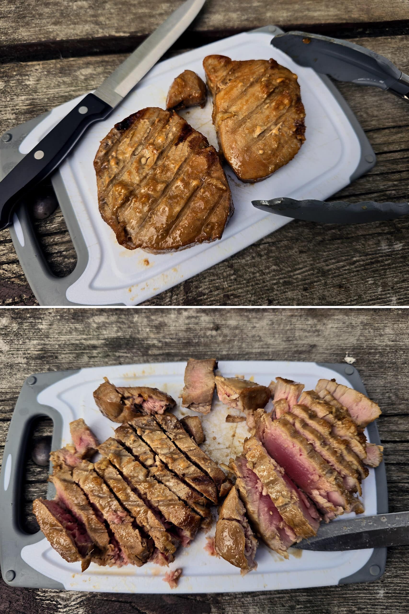 2 part image showing the marinated grilled tuna being sliced.