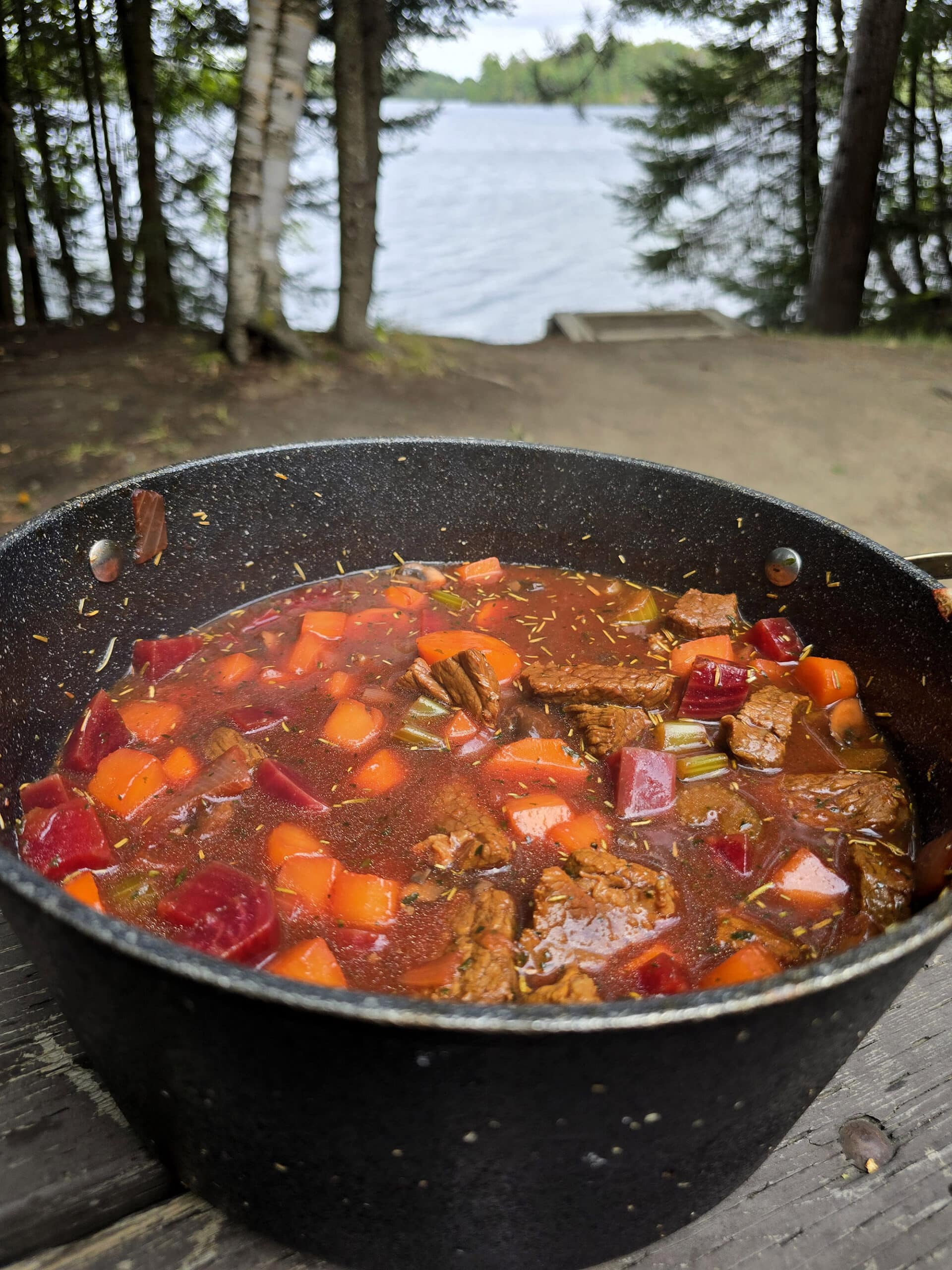 A pot of beef and root vegetable stew on a picnic table.