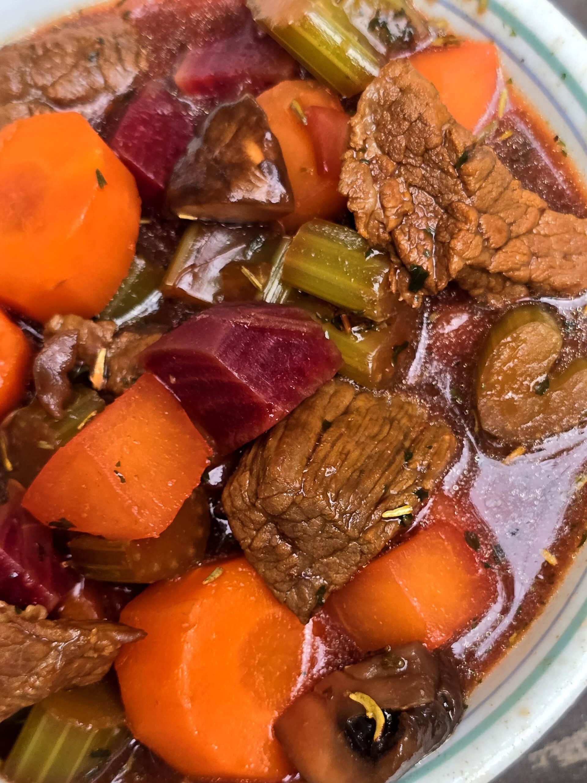 A bowl of beef and root veggie stew on a picnic table.