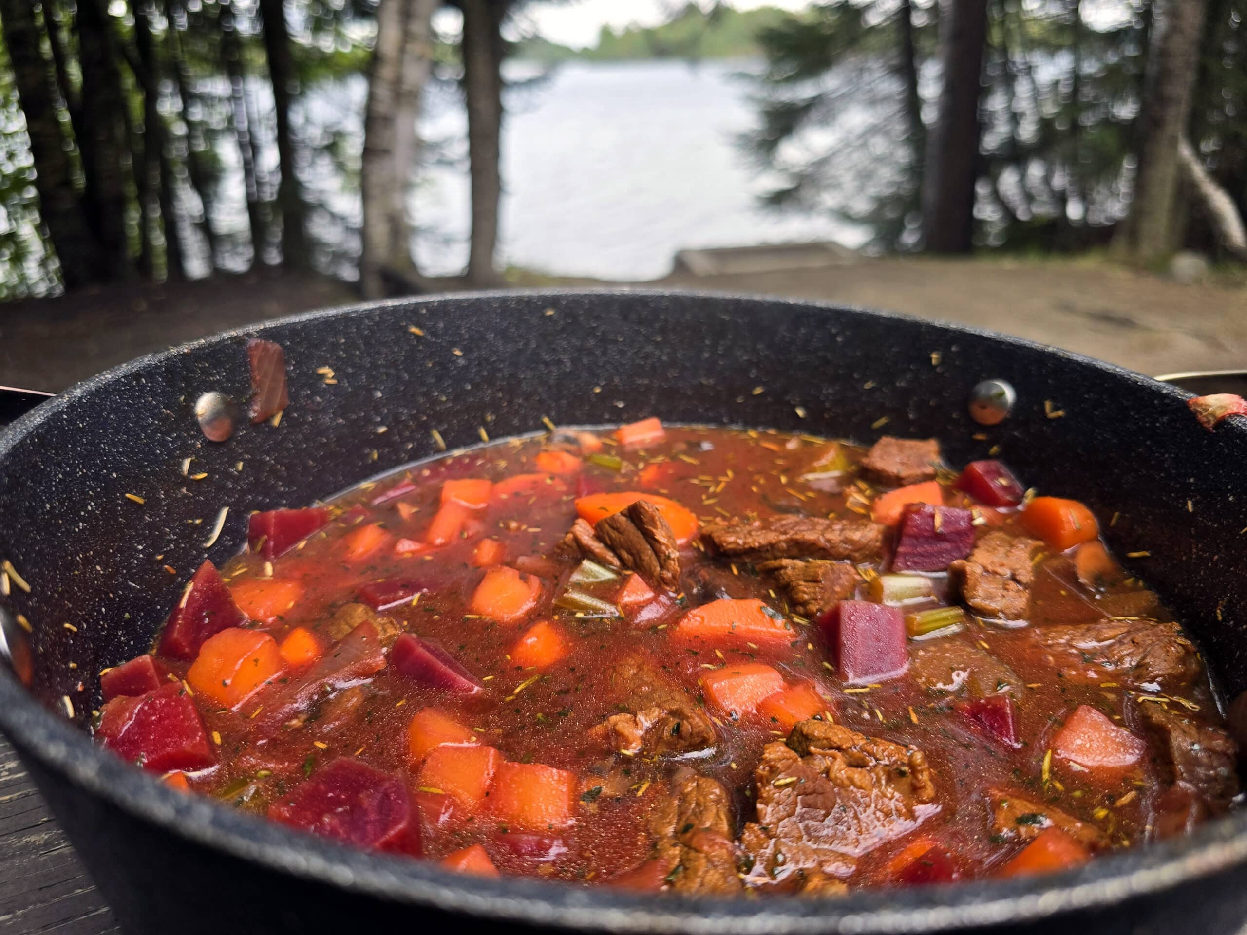 A pot of beef and root veggie stew on a picnic table.