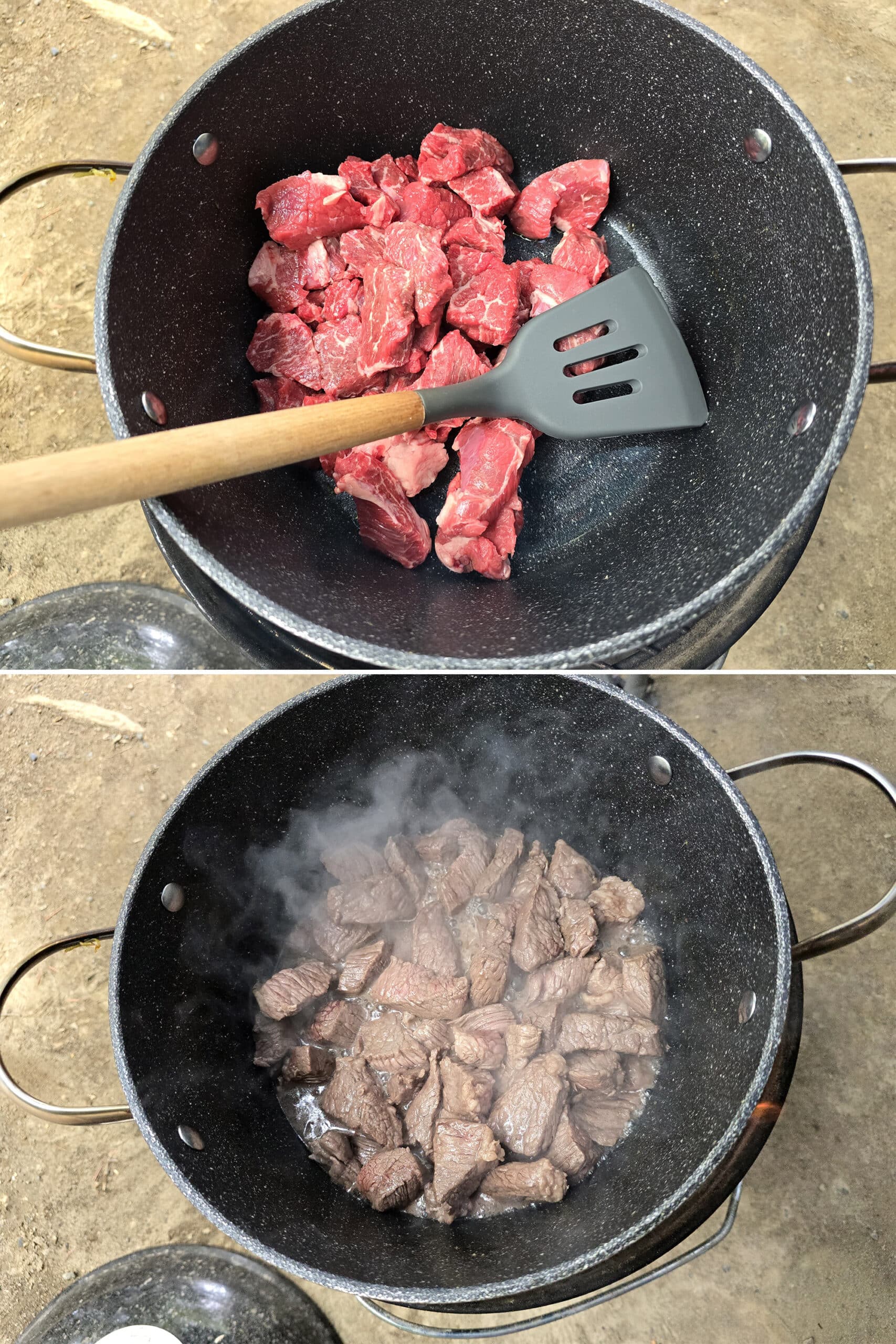 2 part image showing stewing beef being seared in a pot over a campfire.