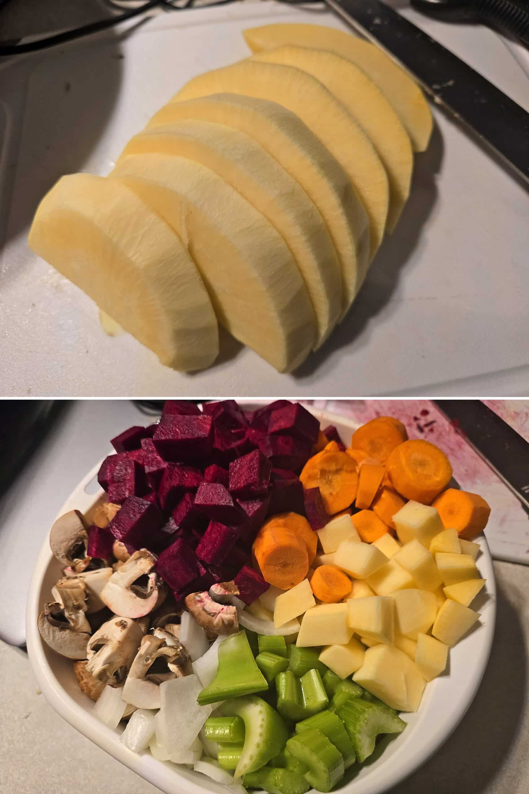 2 part image showing a rutabaga being sliced, and a big bowl of beets, carrots, rutabaga, celery, onions, and mushrooms.