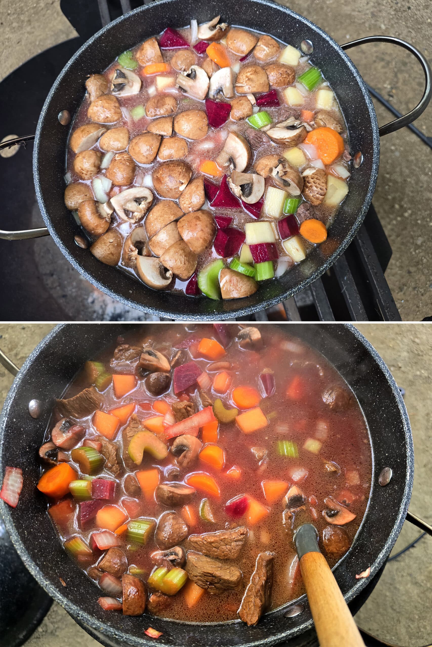 2 part image showing the veggies being added to the pot of beef and root vegetable stew.