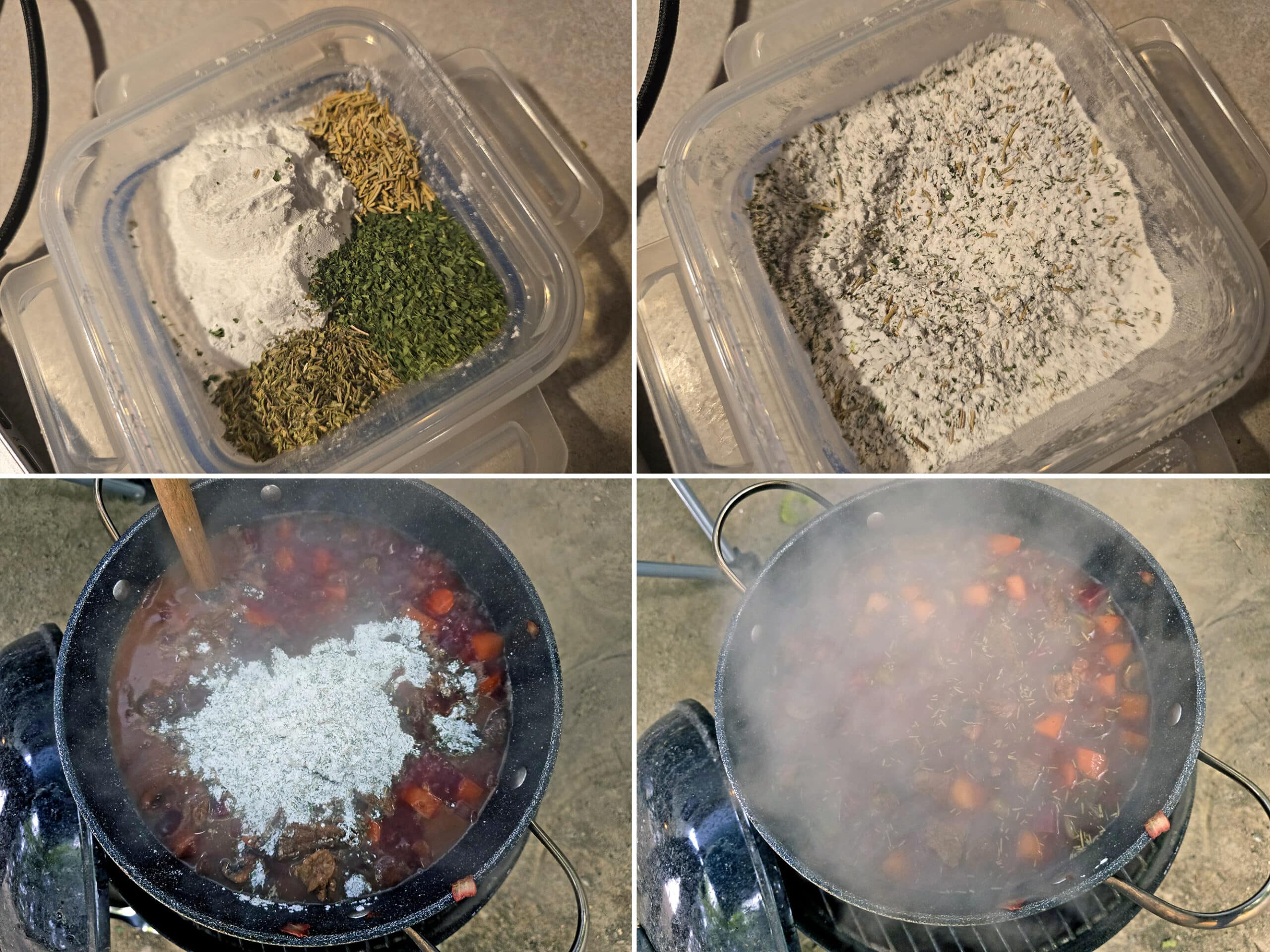 4 part image showing the dry ingredients being mixed together and added to the pot of boiling root vegetable stew.