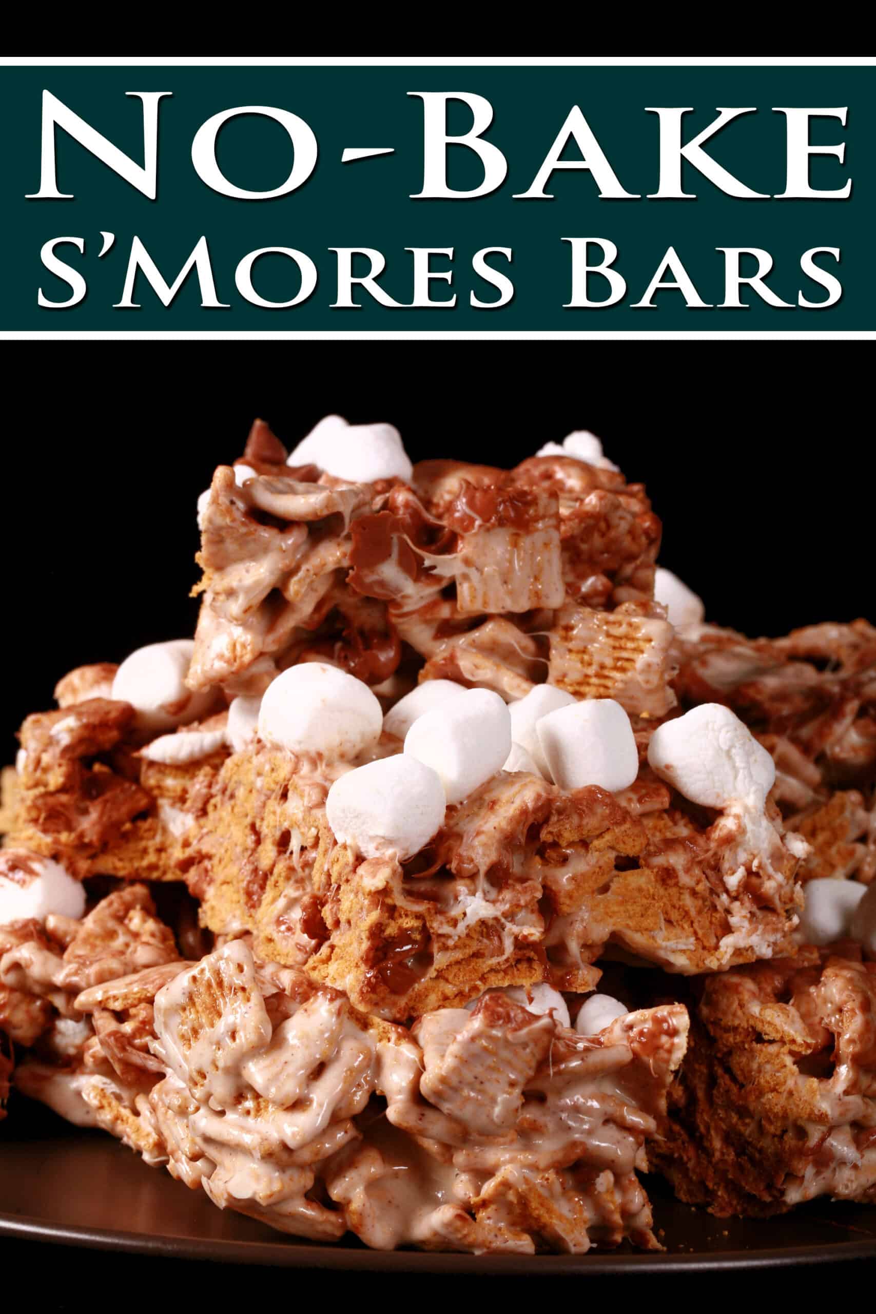 A plate of no-bake smores squares made with golden grahams cereal, melted marshmallows, mini marshmallows, browned butter, and chocolate chips.  Overlaid text says no bake smores bars.