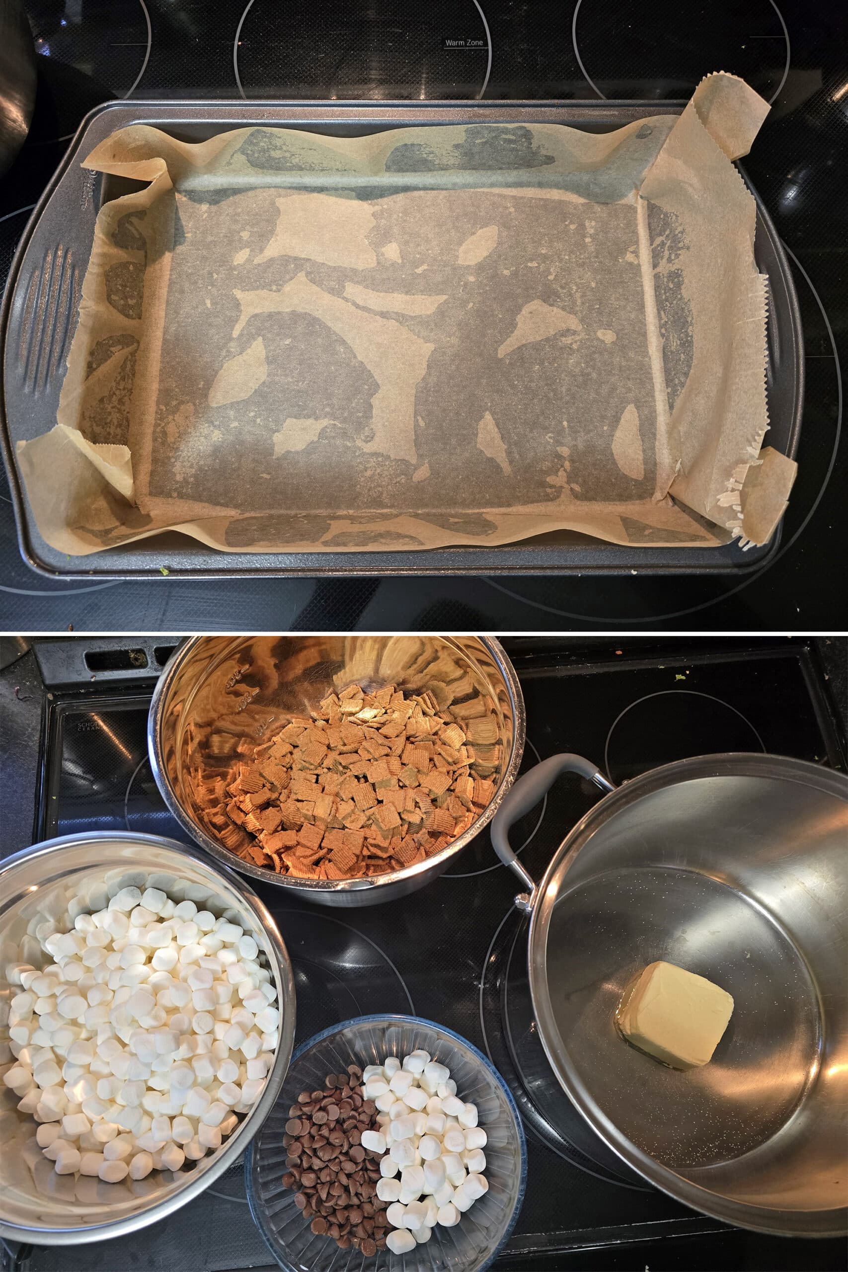 2 part image showing a 9 by 13 pan lined with parchment paper, and all of the ingredients laid out in bowls.