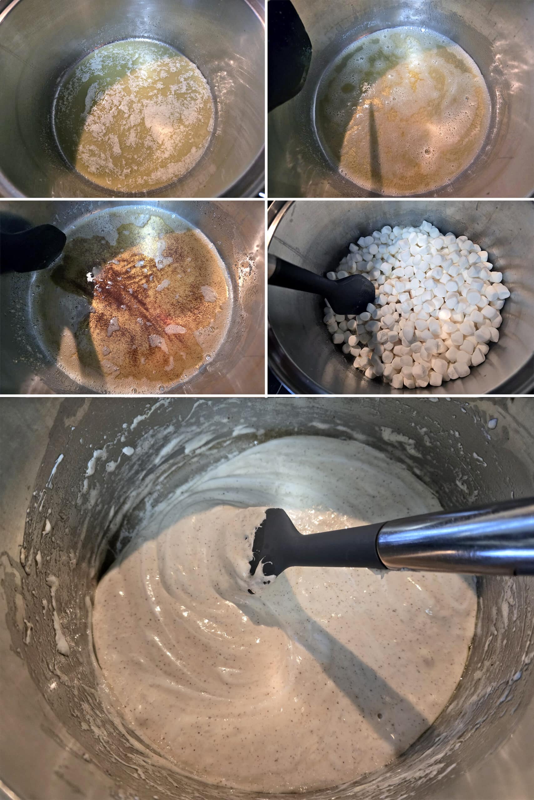 5 part image showing melted butter being browned, then mini marshmallows added and stirred in until melted.