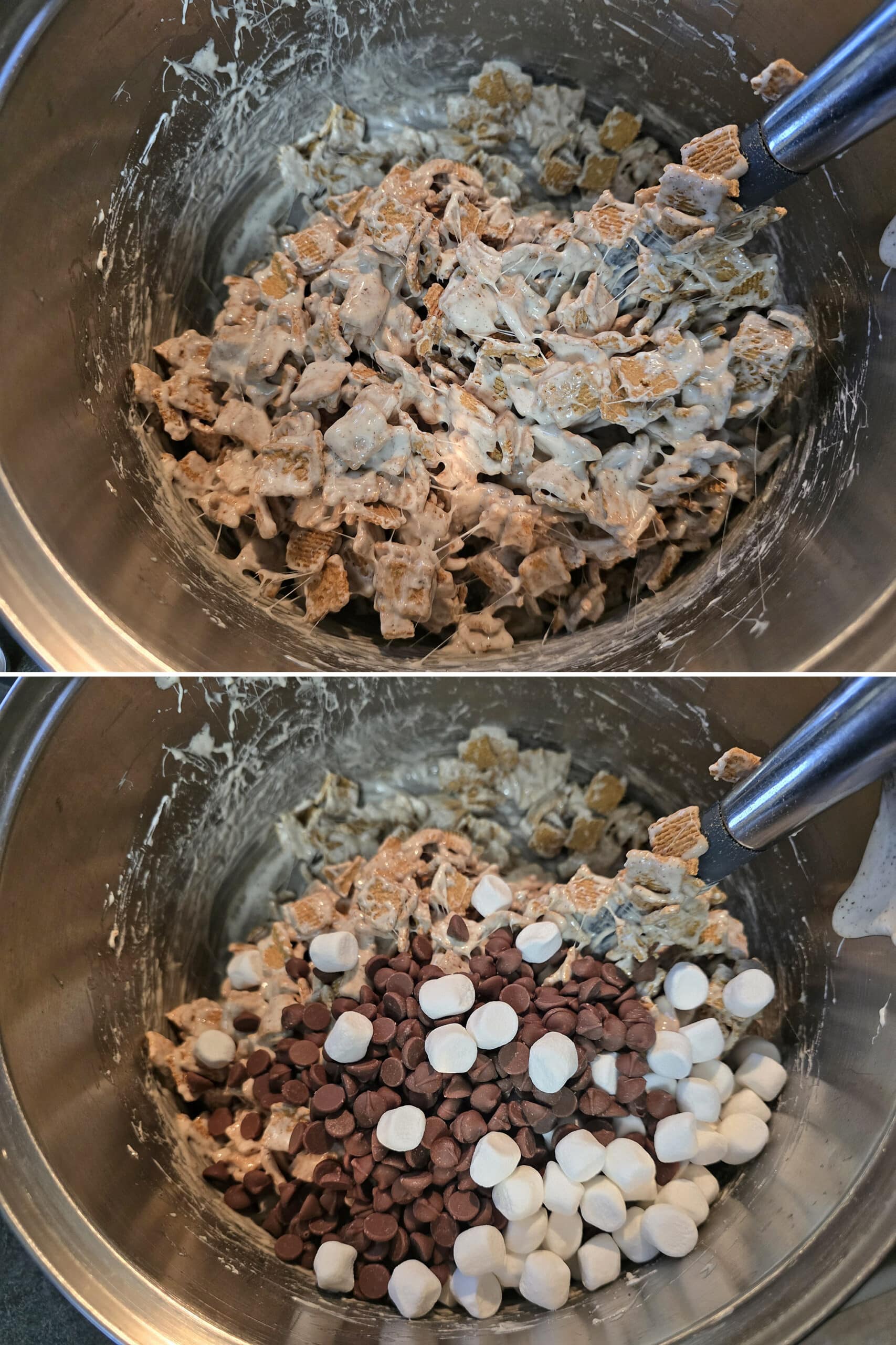 2 part image showing the cereal being stirred into the melted marshmallows and brown butter mixture, then the chocolate chips and extra marshmallows added.