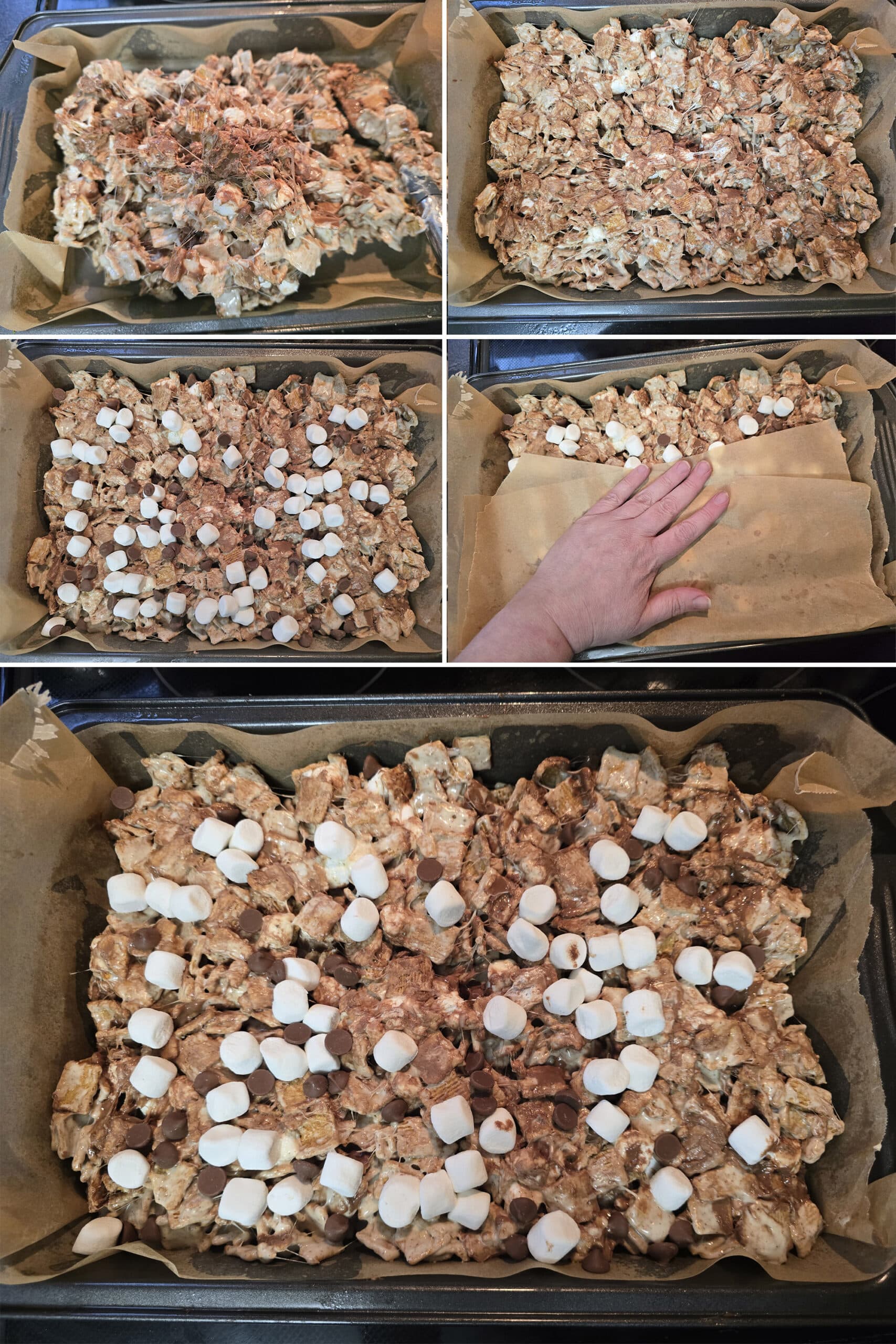 5 part image showing the graham and marshmallow mixture being spread in a prepared pan, topped with extra marshmallows and chocolate chips, then pressed down with a piece of parchment paper.