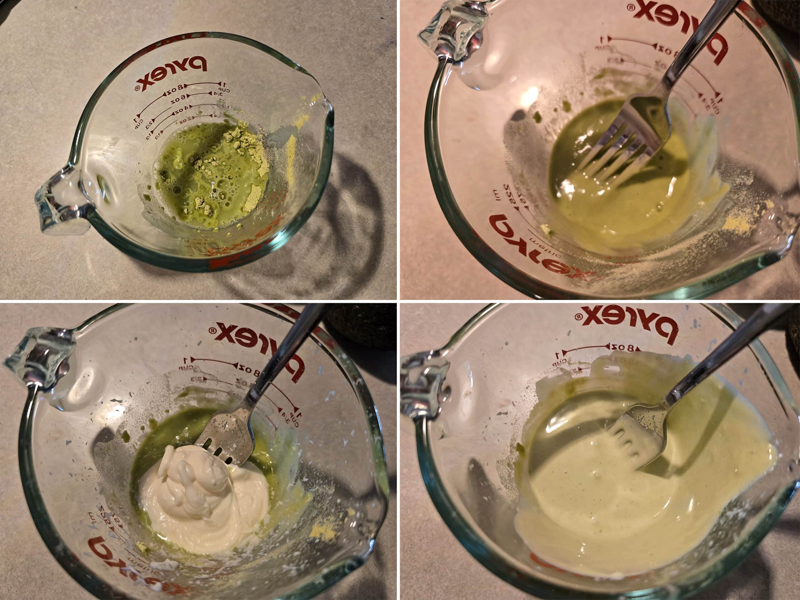 4 part image showing the wasabi mayonnaise being mixed together.